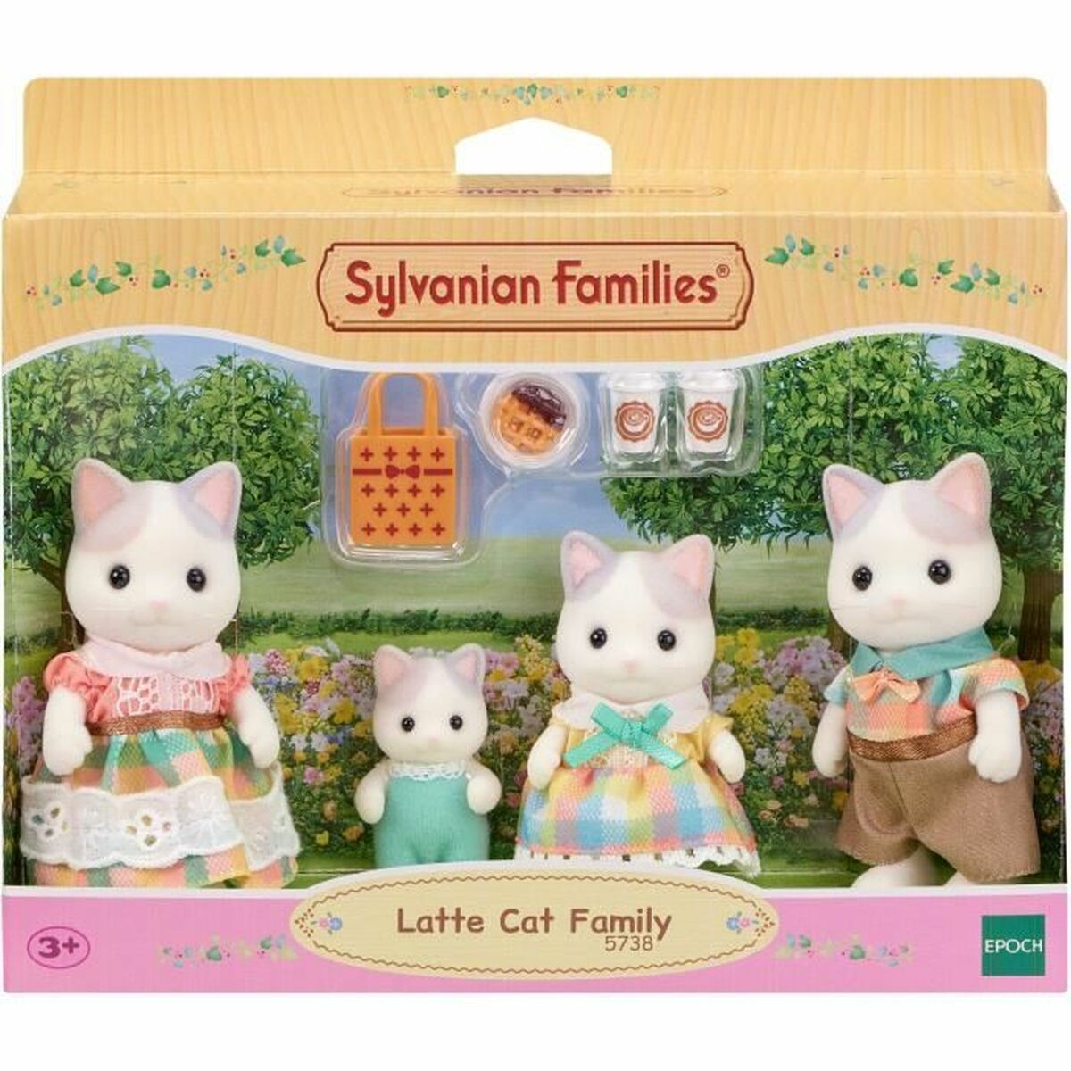 Set de Sylvanian Families Familia Gato Latte. Incluye cuatro figuras de gato, accesorios y una caja con un fondo de escena de jardín.