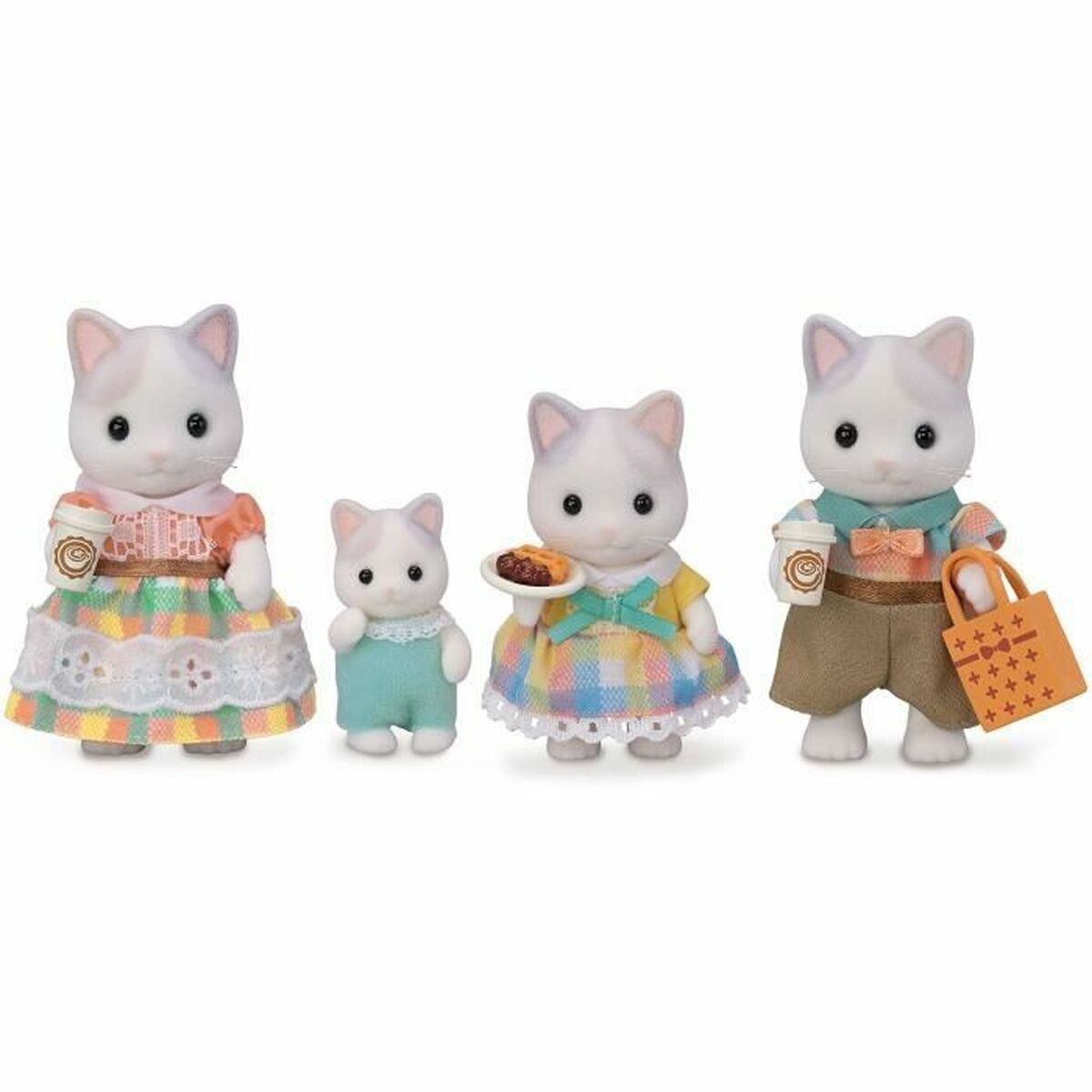 Cuatro figuras de gatos, una familia. Uno sostiene un café, otro un pastel y otro una bolsa de compras. Todos visten atuendos coloridos.
