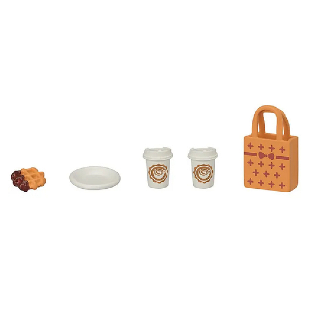 La imagen muestra un gofre, un plato, dos tazas de café y una bolsa de compras naranja. Todos los elementos están sobre fondo blanco.