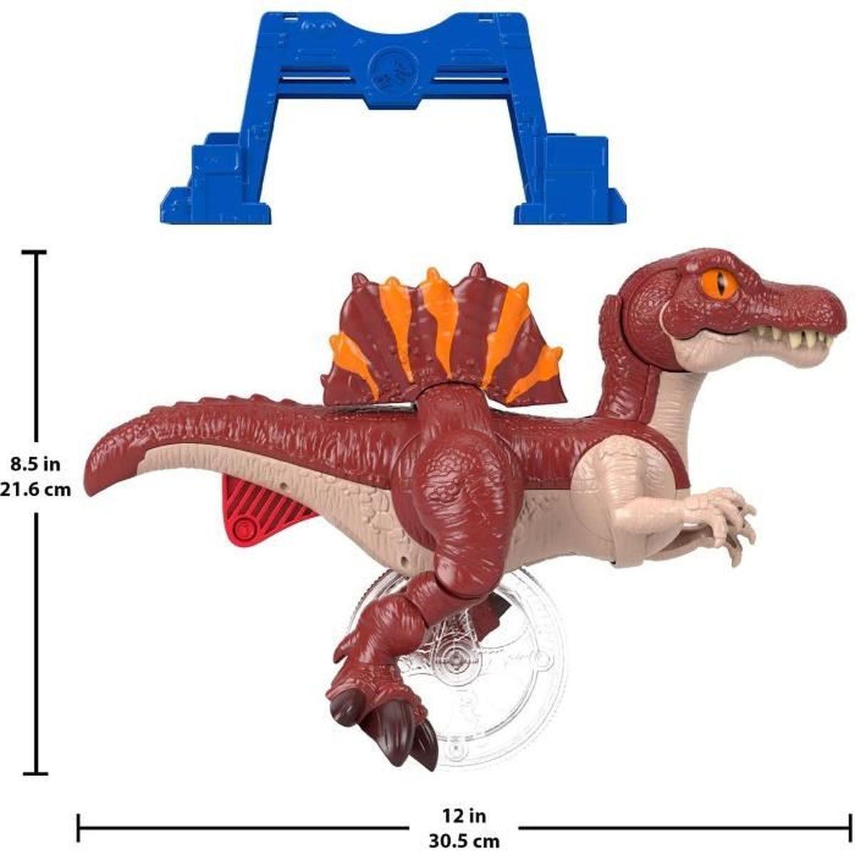 Ein roter und orangefarbener Spielzeug-Dinosaurier mit einer blauen Struktur darüber. Abmessungen sind angegeben. Der Dinosaurier hat einen durchsichtigen Ständer.
