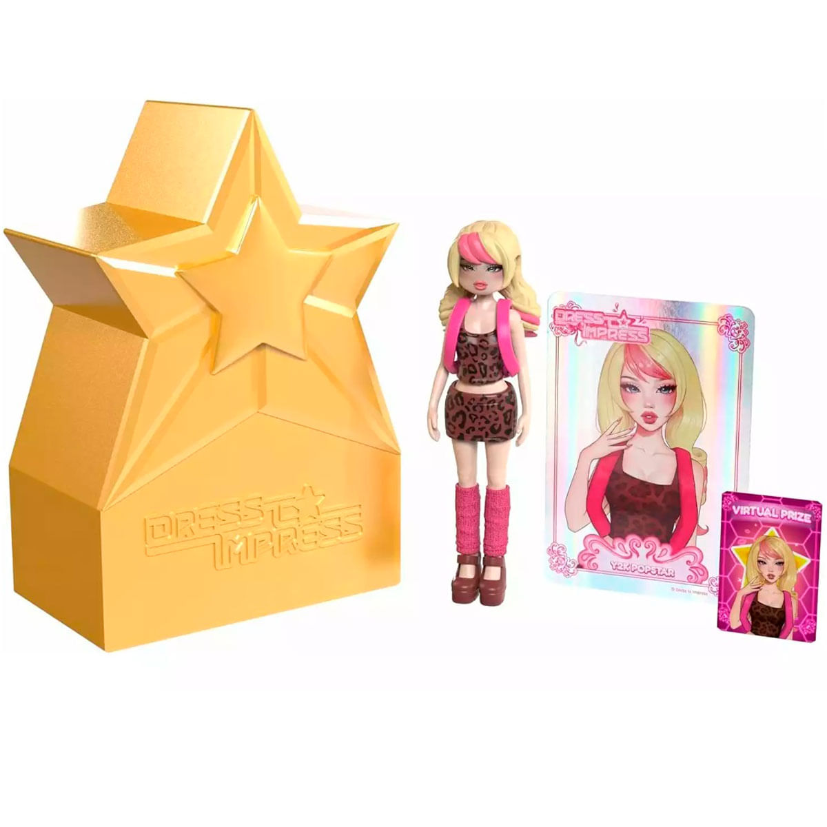 Eine goldene sternförmige Box mit einer Puppe und Karten. Die Puppe hat blondes Haar mit rosa Strähnen und trägt ein Leopardenmuster-Outfit.