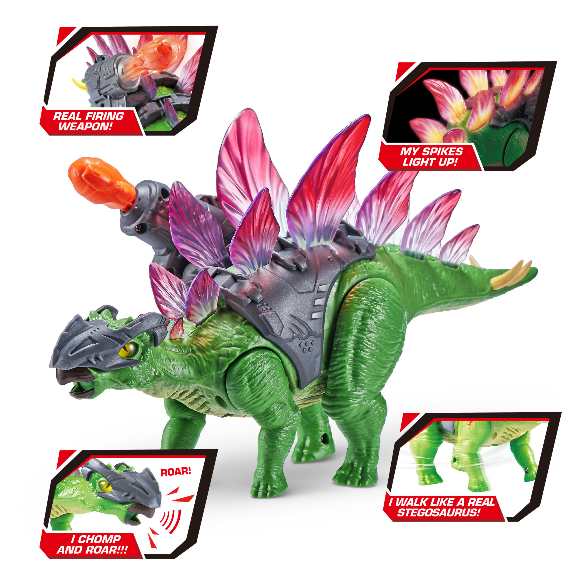 Dinosaurio de juguete verde con púas moradas y rojas. Incluye arma de fuego, púas iluminadas y acciones de rugido.