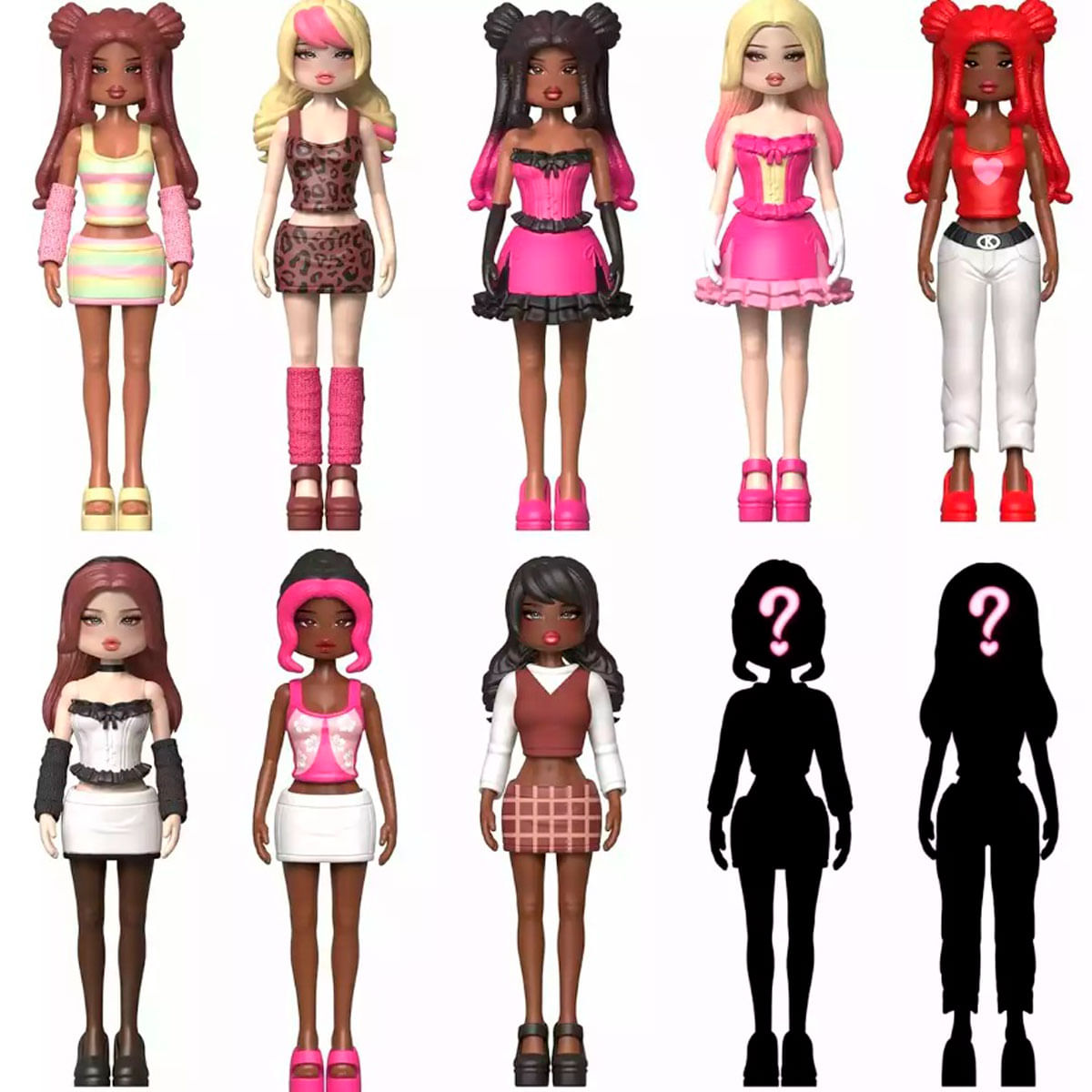 Neun Puppen mit unterschiedlichen Hauttönen und Haarfarben, jede in einzigartigen Outfits. Zwei Puppen sind Silhouetten mit Fragezeichen.