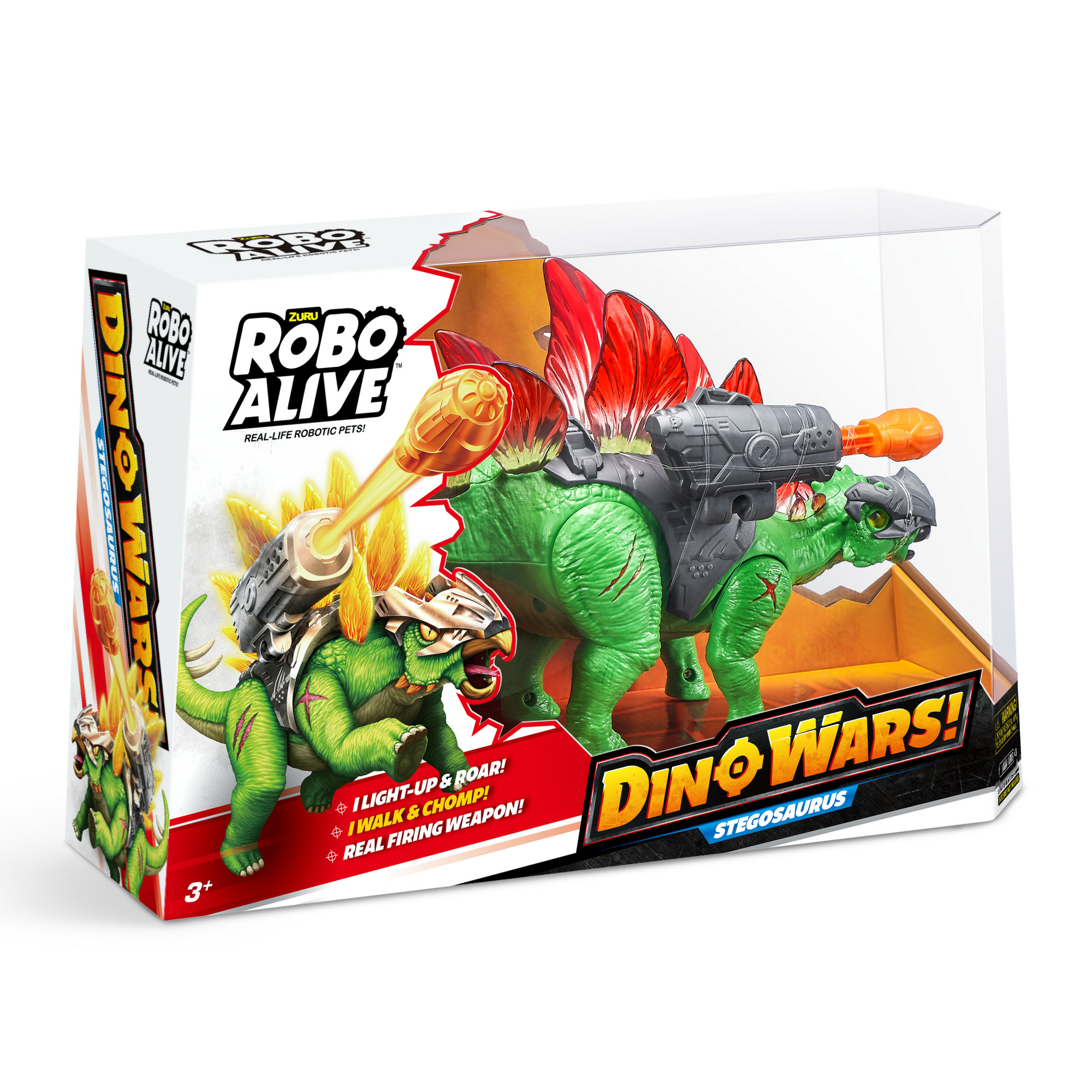 Un juguete verde de estegosaurio con una pistola en la espalda está en una caja de plástico transparente. La caja dice Robo Alive Dino Wars.