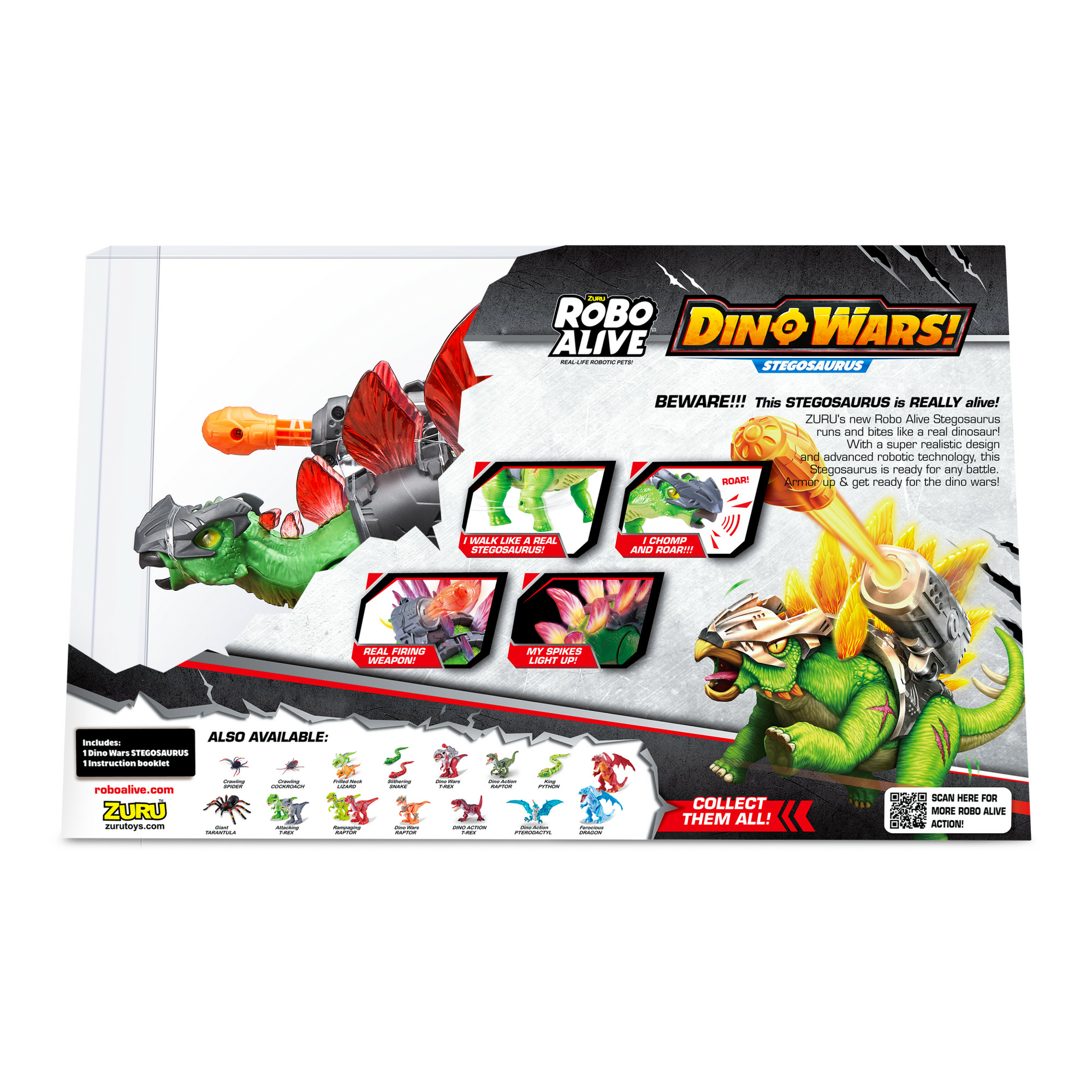 Un juguete de estegosaurio con un arma de fuego en una caja de producto. Tiene cuerpo verde, púas amarillas y elementos rojos.