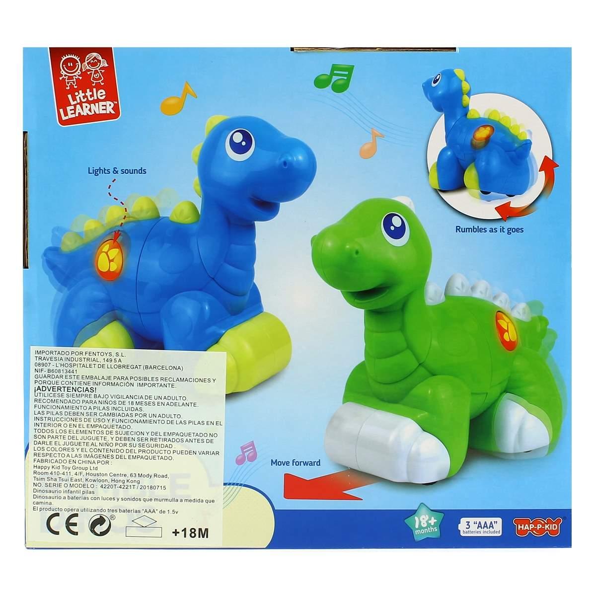 Caja muestra dinosaurios de juguete azules y verdes con notas musicales. Texto: Little Learner, luces y sonidos, +18M.