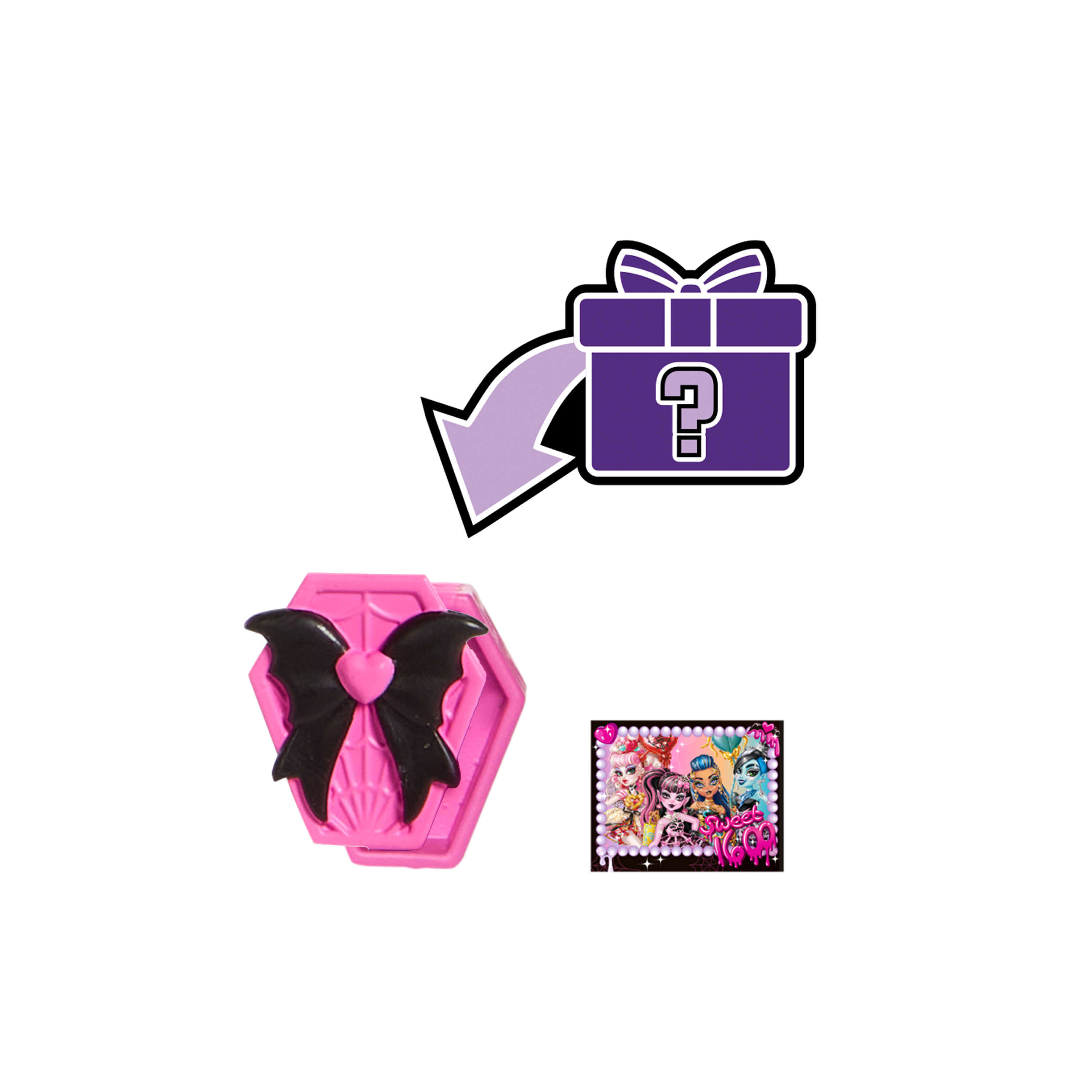 La imagen presenta una caja de regalo morada con un signo de interrogación, un artículo rosa en forma de murciélago y una imagen de Monster High.