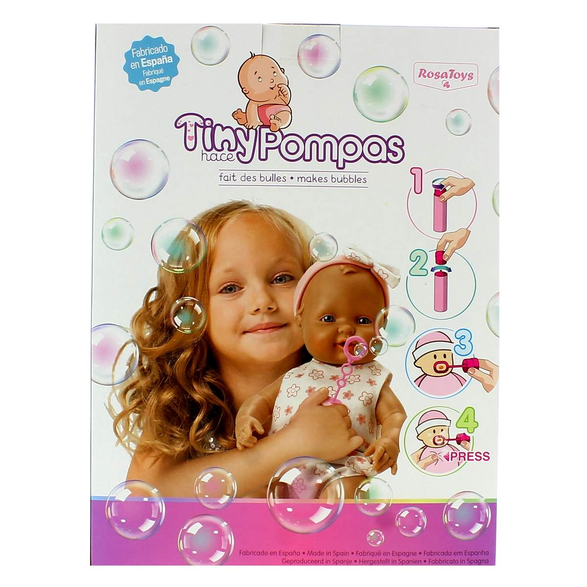 Una niña sosteniendo una muñeca, rodeada de burbujas. La caja dice 'Tiny Pompas' y muestra instrucciones para hacer burbujas.