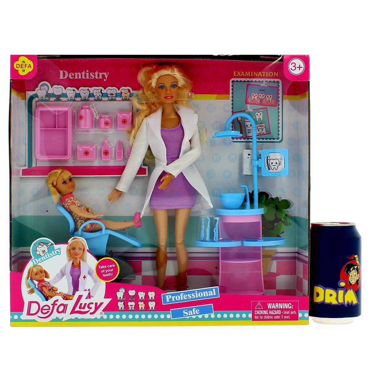 Un juego de juguetes con una muñeca Barbie como dentista y una muñeca paciente. Incluye herramientas dentales y una lata de refresco.