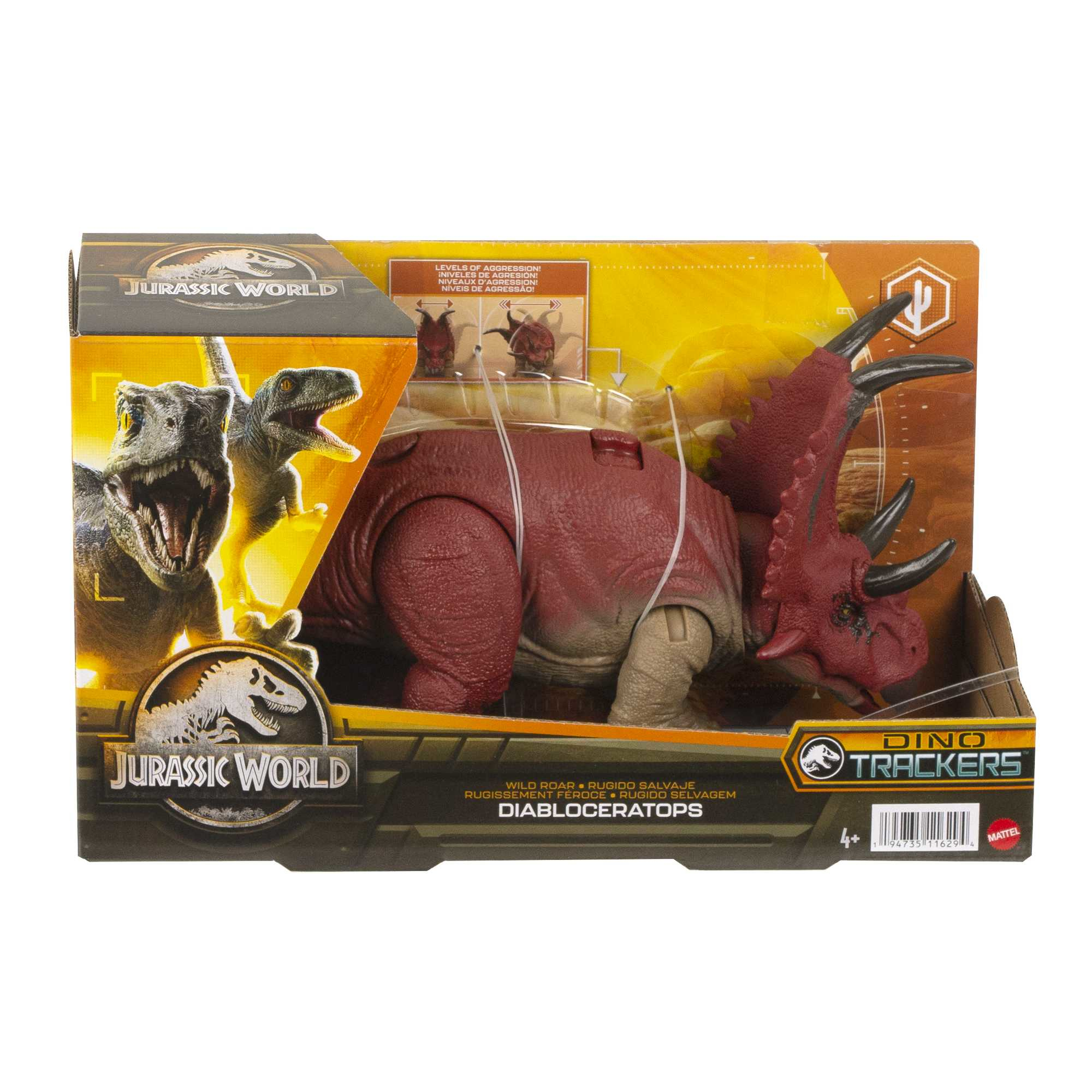 Un juguete Diabloceratops de Jurassic World está en su caja. Es rojo con cuernos negros. La caja tiene gráficos de dinosaurios.