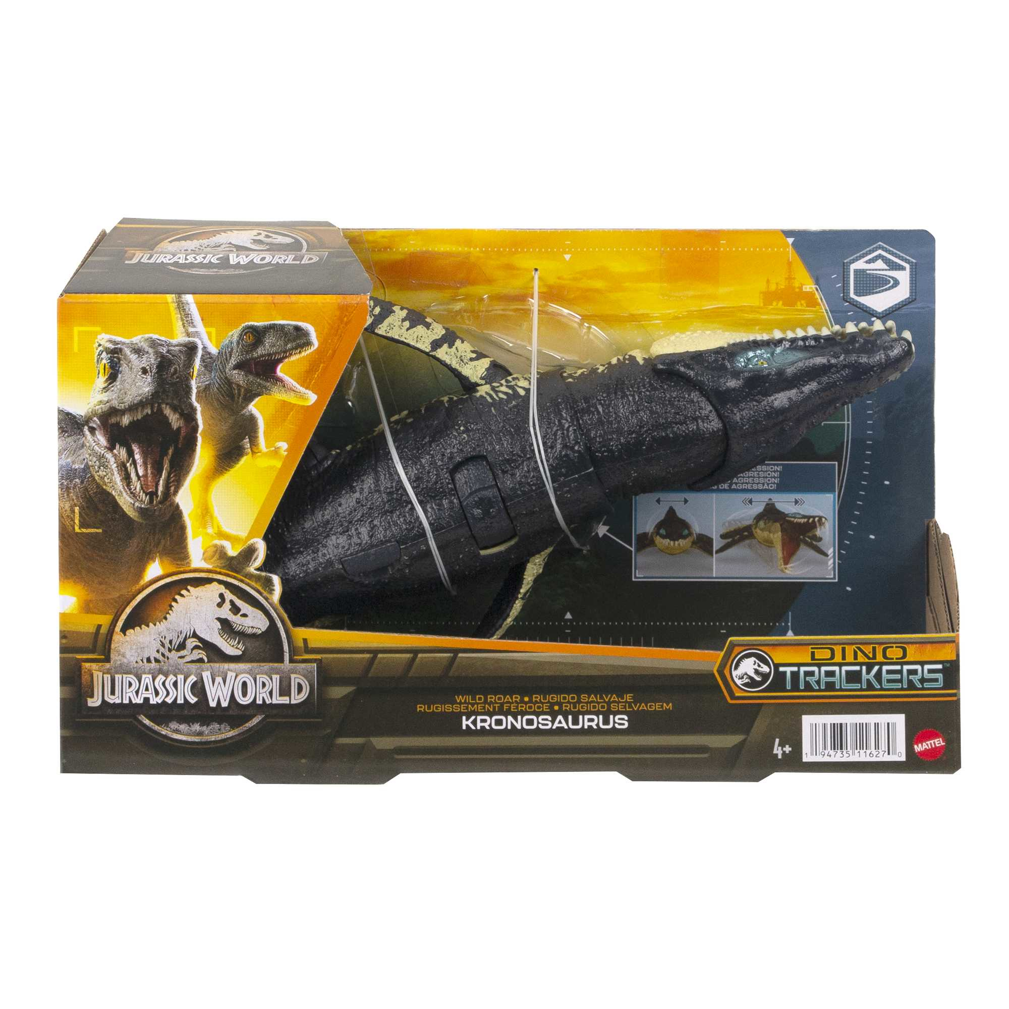 Juguete de Jurassic World en caja. Presenta un juguete de Kronosaurus y gráficos de dinosaurios. La caja dice 'Dino Trackers'.
