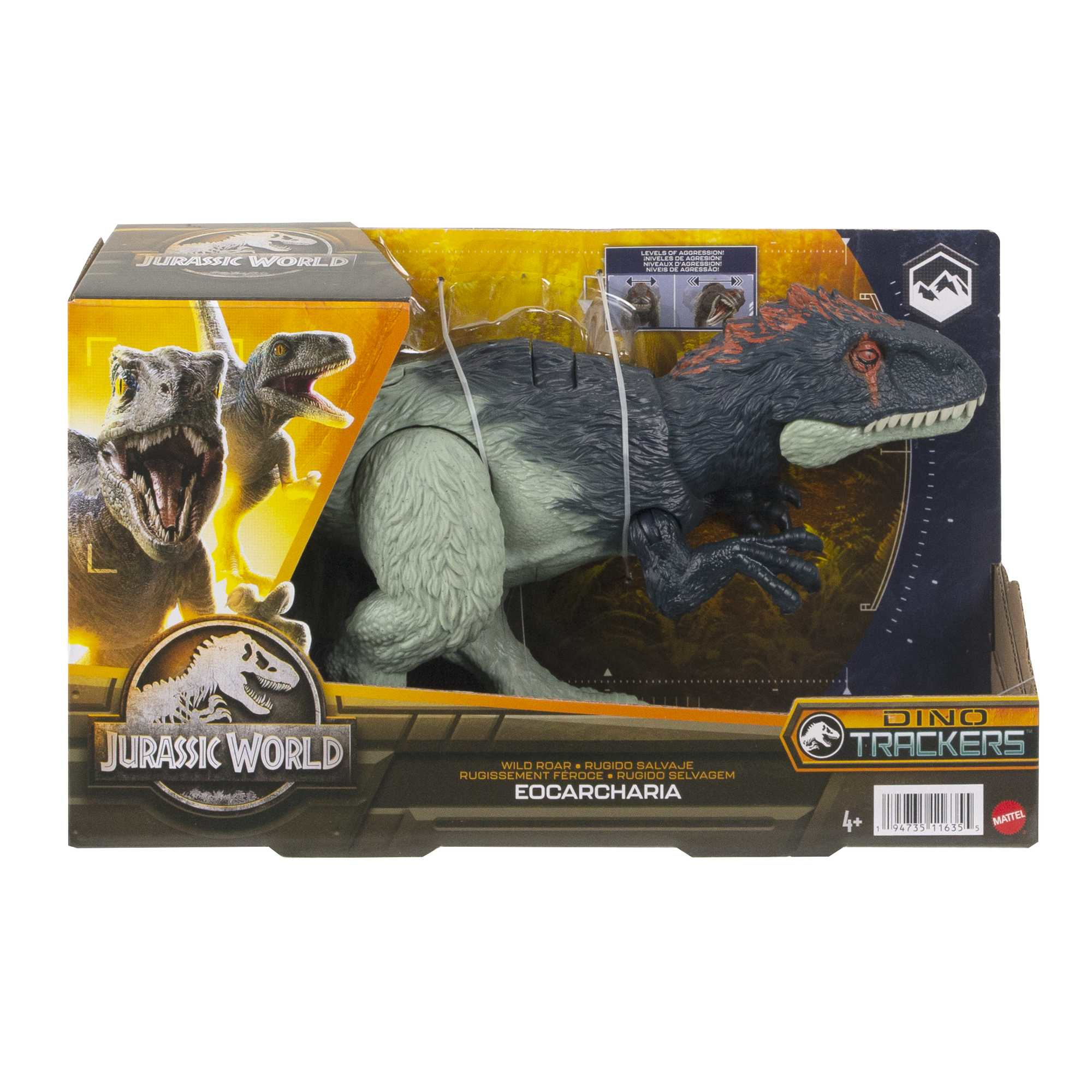 Un juguete de dinosaurio Eocarcharia de Jurassic World en su caja. Es gris, azul y rojo. La caja tiene el logotipo de Jurassic World.