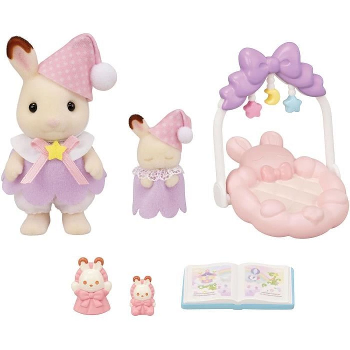 Un conjunto de figuras de conejitos con accesorios. Incluye conejitos en pijama, una cuna, pequeñas figuras y un libro abierto. Todo en colores pastel.