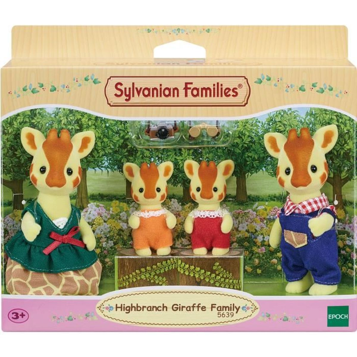Un set de caja de Sylvanian Families. Incluye figuras de la familia jirafa, vestidas con varios atuendos, sobre un fondo de jardín.