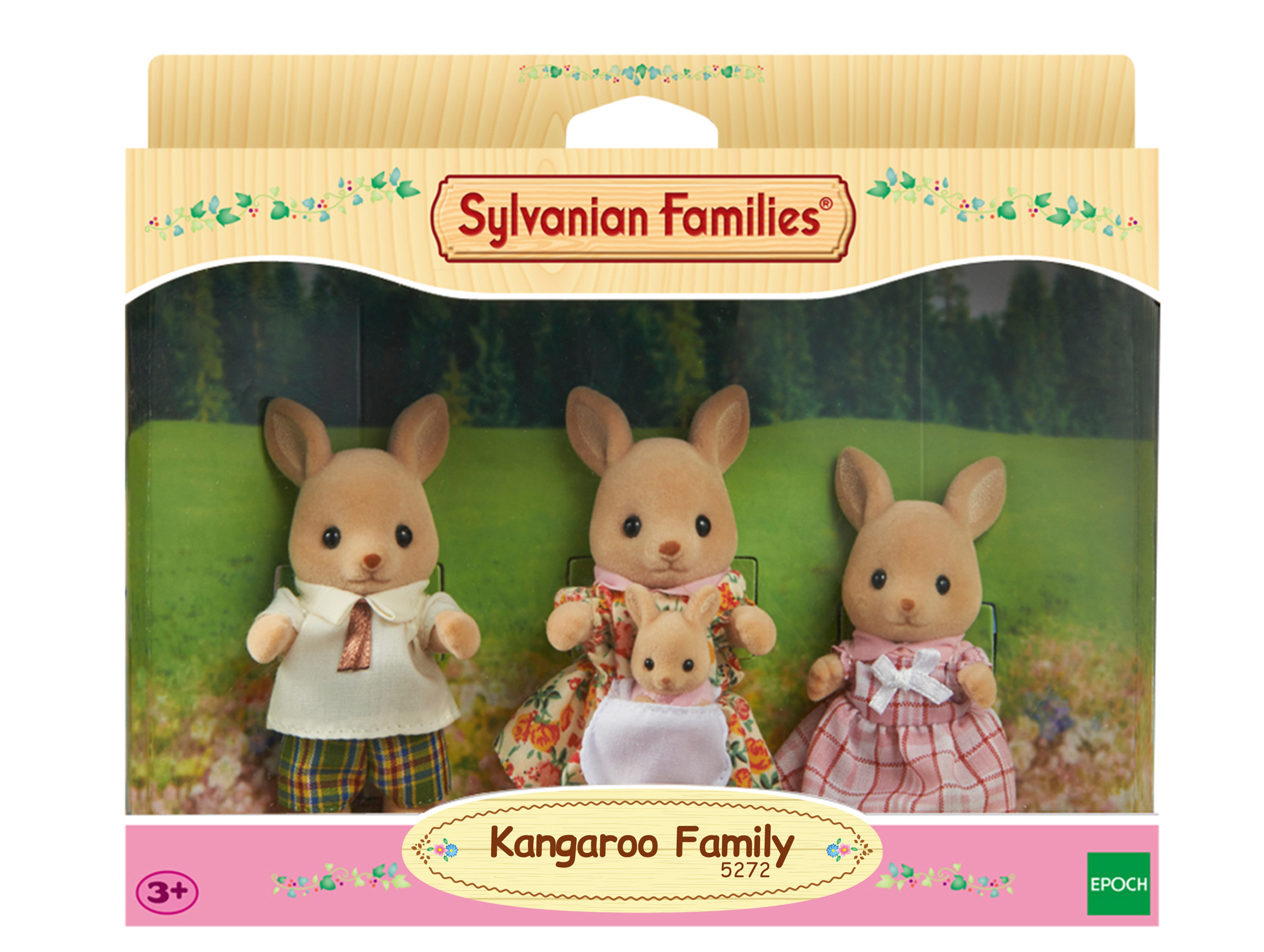 Una caja de Sylvanian Families Kangaroo Family. Tres figuras de canguro con ropa. La madre canguro sostiene un bebé canguro.