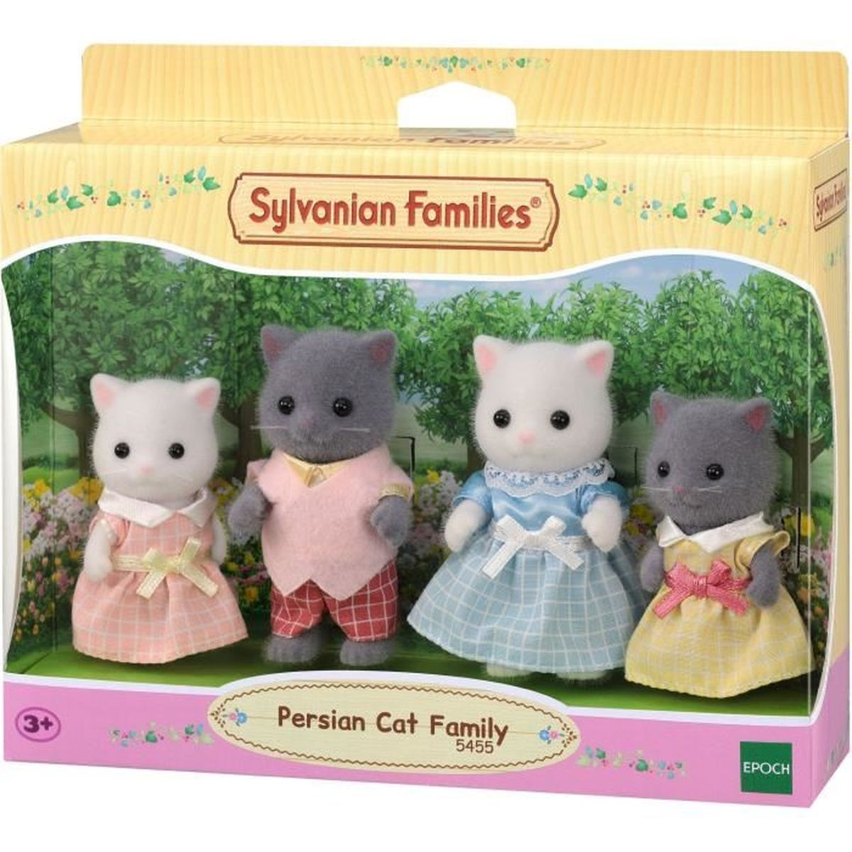 Ein Sylvanian Families Persian Cat Family Set. Vier Spielzeugkatzen in Outfits. Präsentiert in einer Box mit grünem Hintergrund.