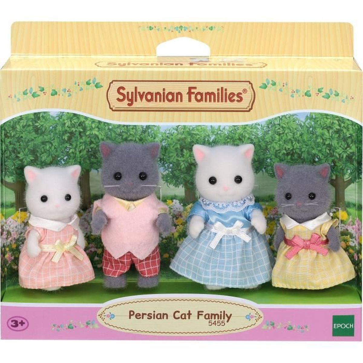 Sylvanian Families Perserkatzenfamilie in einer Box. Vier Katzenfiguren tragen verschiedenfarbige Outfits. Im Hintergrund sind Bäume zu sehen.