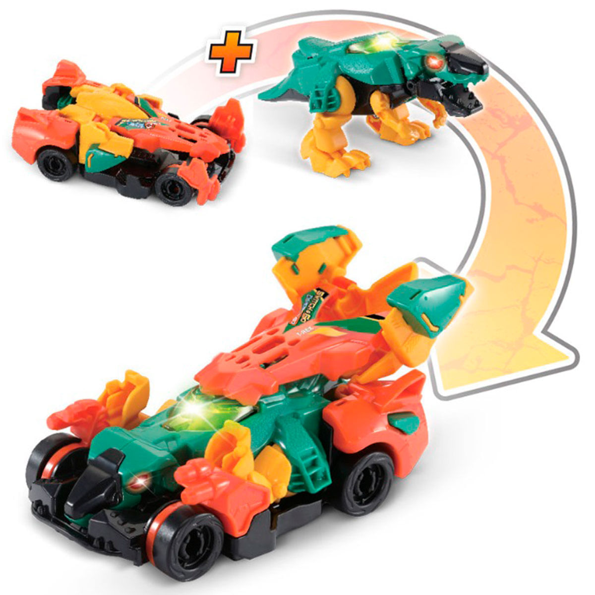 Un juguete se transforma de coche a dinosaurio. El coche es rojo, amarillo y negro. El dinosaurio es verde y amarillo. Una flecha muestra la transformación.