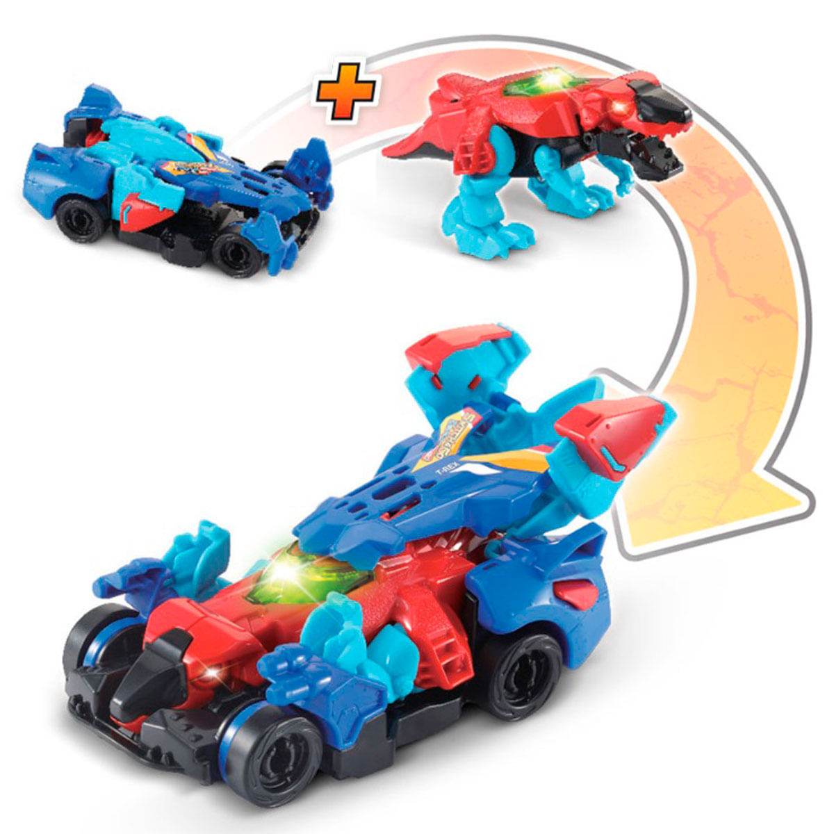 Un coche de juguete se transforma en un dinosaurio. Piezas de coche azules y rojas se combinan para crear un vehículo con forma de dinosaurio.