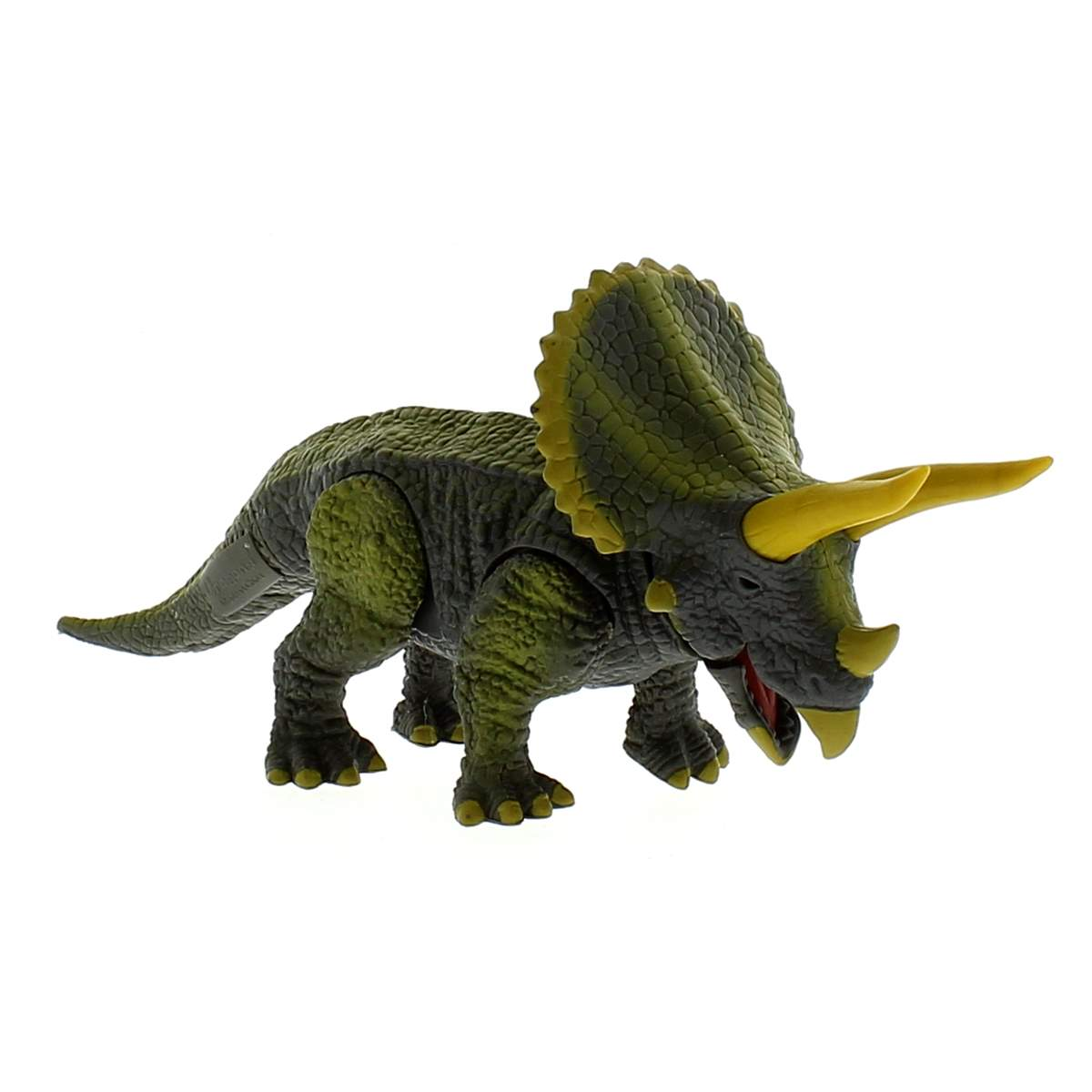 Un juguete triceratops verde y amarillo sobre una superficie blanca. Tiene cuernos, un volante y la boca abierta, revelando un interior rojo.