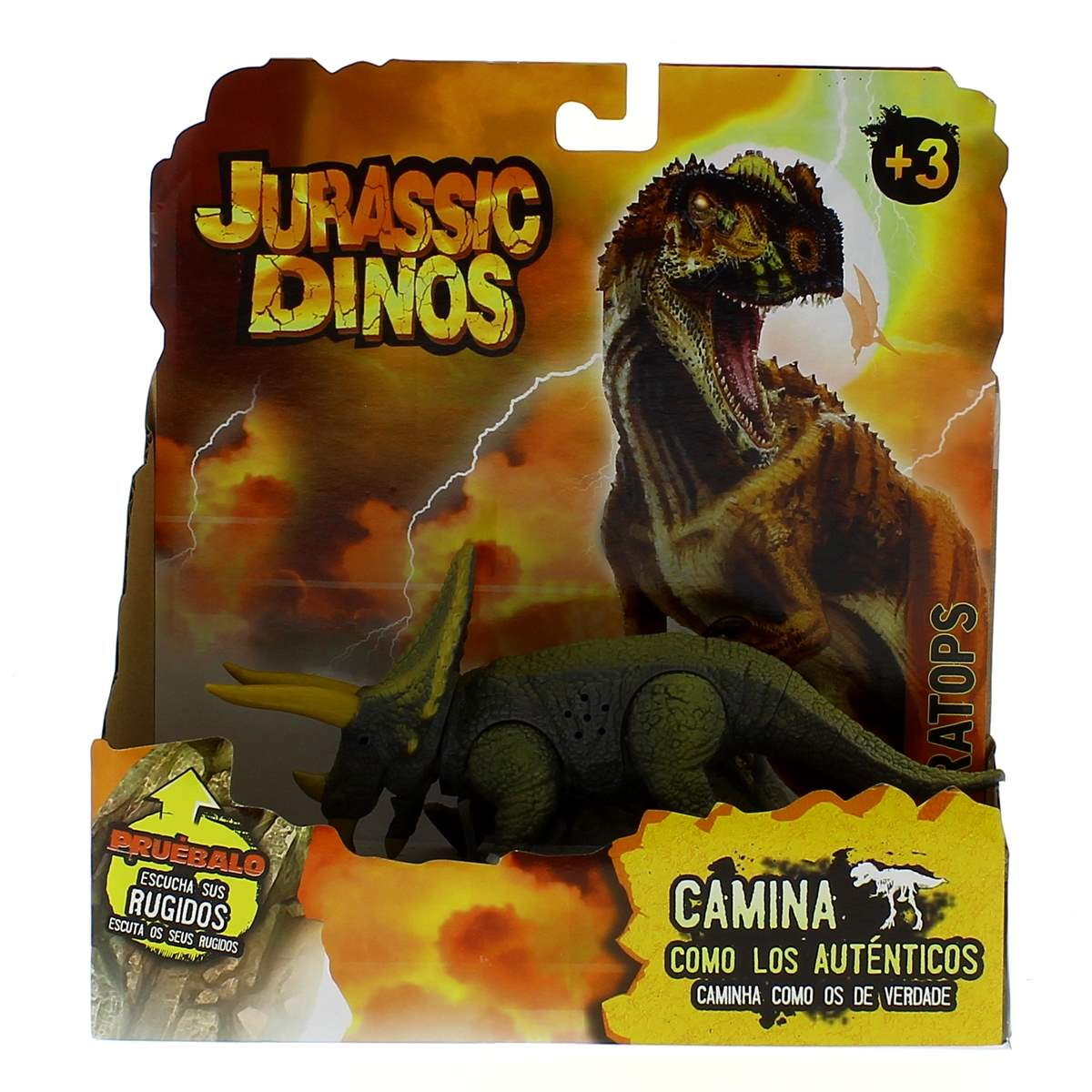 Una caja de juguetes de Jurassic Dinos. Presenta un juguete de dinosaurio e imágenes de dinosaurios sobre un fondo de cielo tormentoso.
