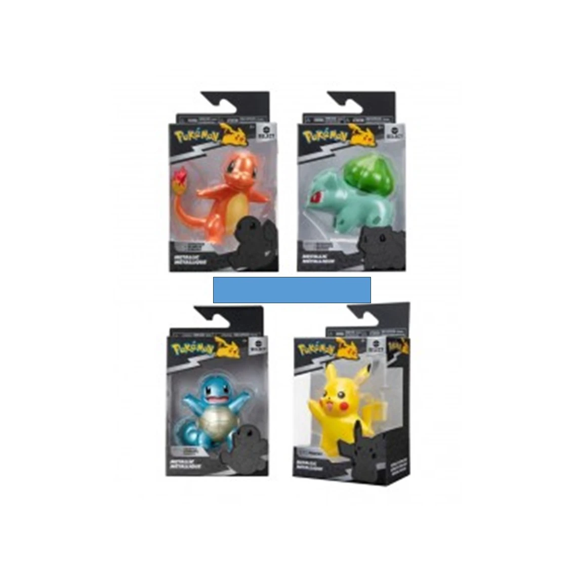 Cuatro figuras de juguete de Pokemon en cajas: Charmander, Bulbasaur, Squirtle y Pikachu. Cada figura está en una caja negra.