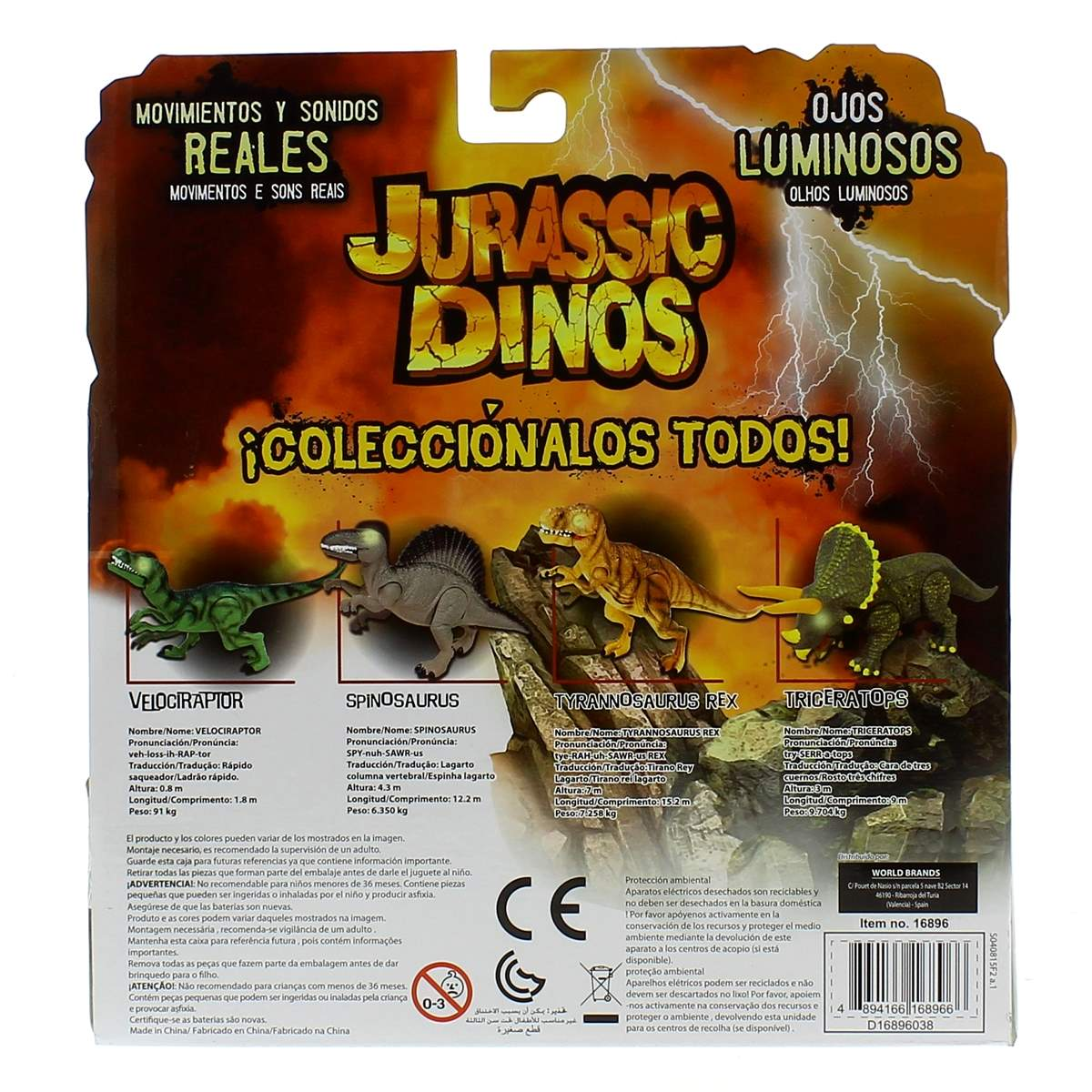 El empaque muestra juguetes de dinosaurios, incluyendo un Velociraptor verde, un Spinosaurus gris y un Tyrannosaurus Rex marrón.