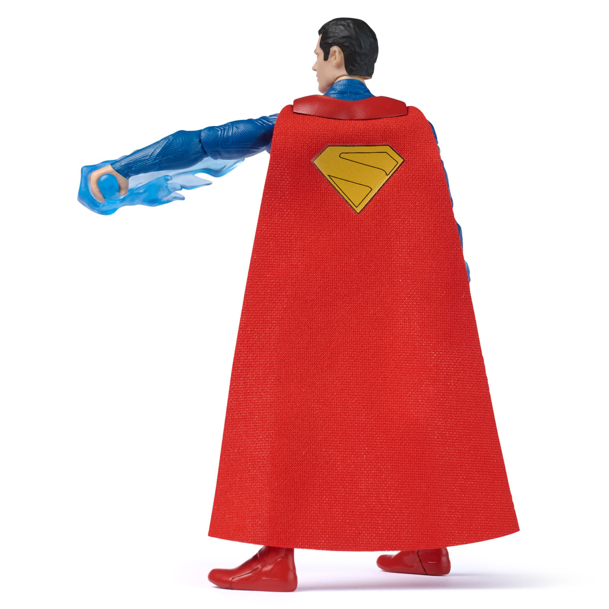 Figura de acción de Superman, vista trasera. Capa y botas rojas, traje azul. 'S' amarilla en el pecho. Brazo extendido, energía azul.
