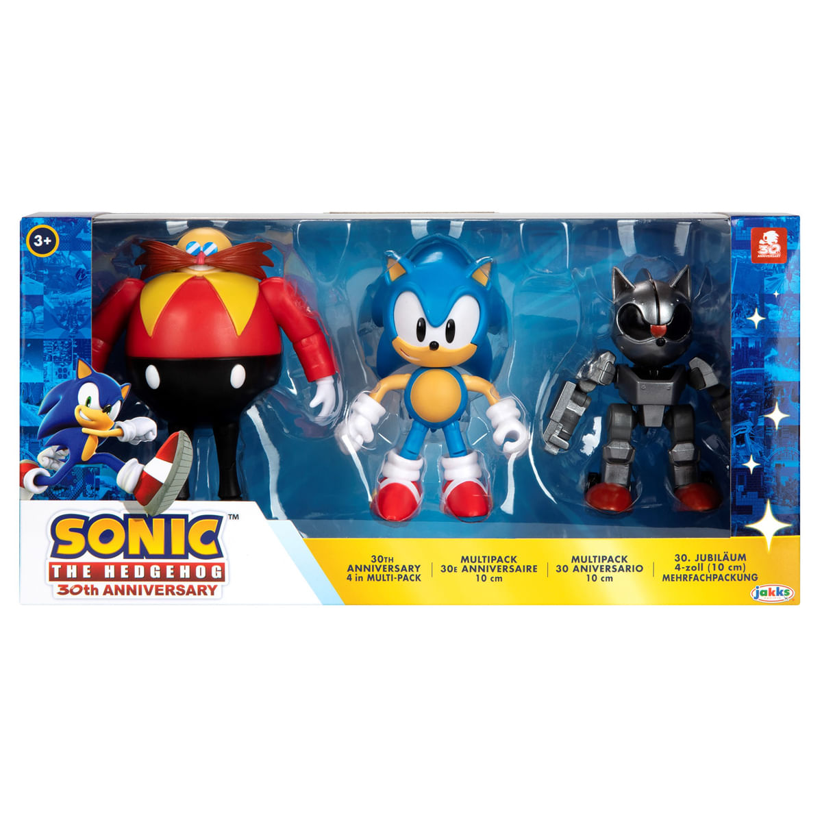 Multipack del 30 aniversario de Sonic the Hedgehog con figuras de Sonic, Dr. Eggman y un robot en una caja expositora.