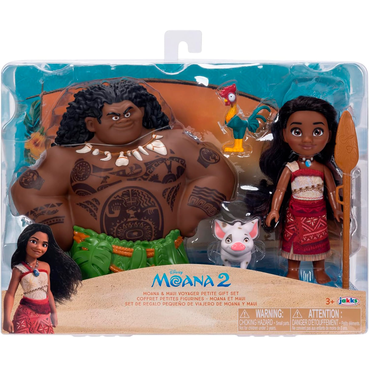 Set de juguetes Moana 2. Incluye figuras de Moana, Maui, un gallo, un cerdo y accesorios. Empaquetado en un contenedor de plástico.