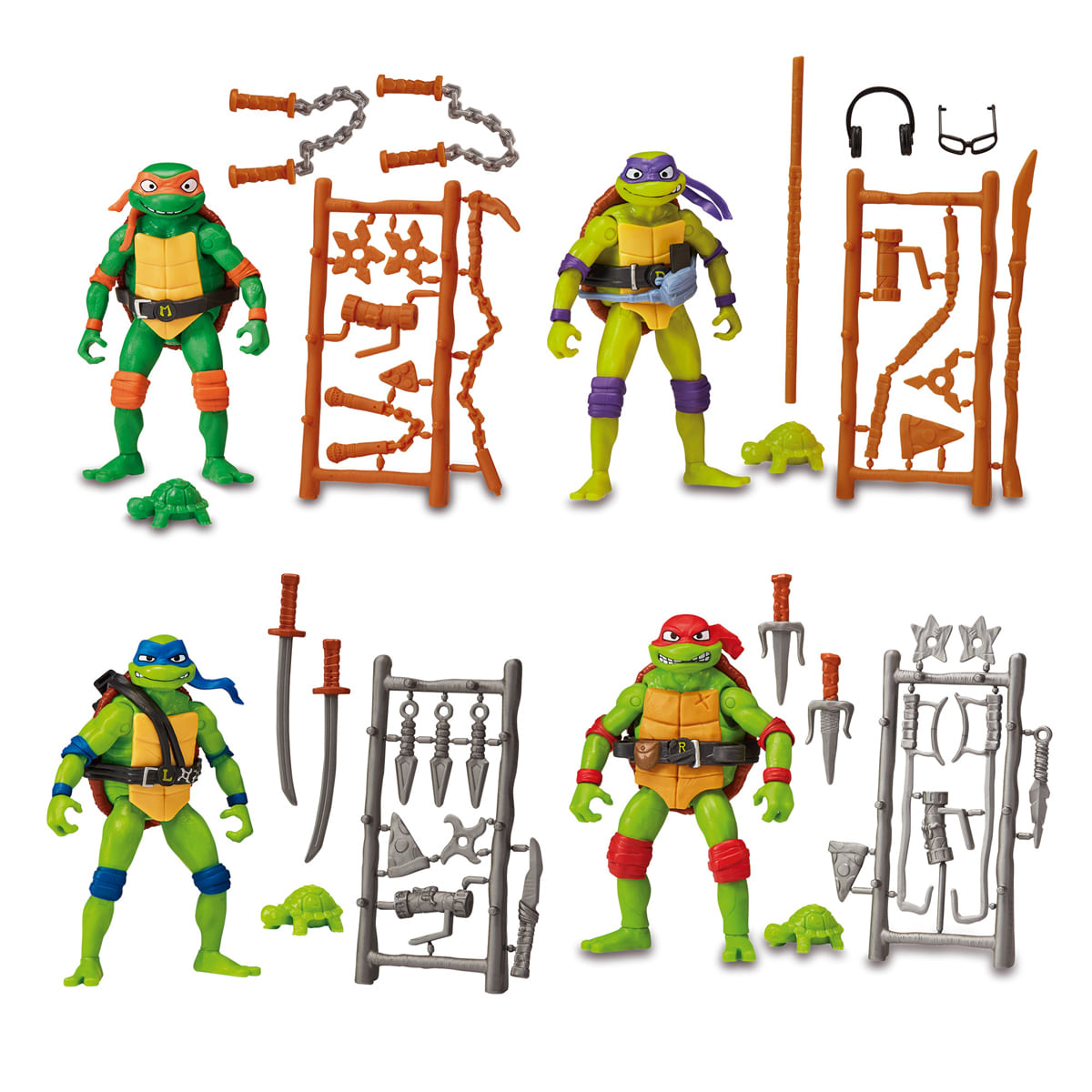 Cuatro figuras de acción de las Tortugas Ninja con accesorios. Cada tortuga tiene una máscara de color diferente.