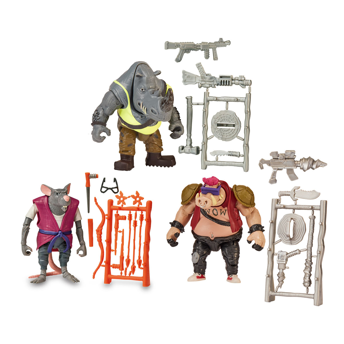 Figuras de acción de personajes de las Tortugas Ninja, incluyendo un rinoceronte, una rata y un cerdo, junto con armas.