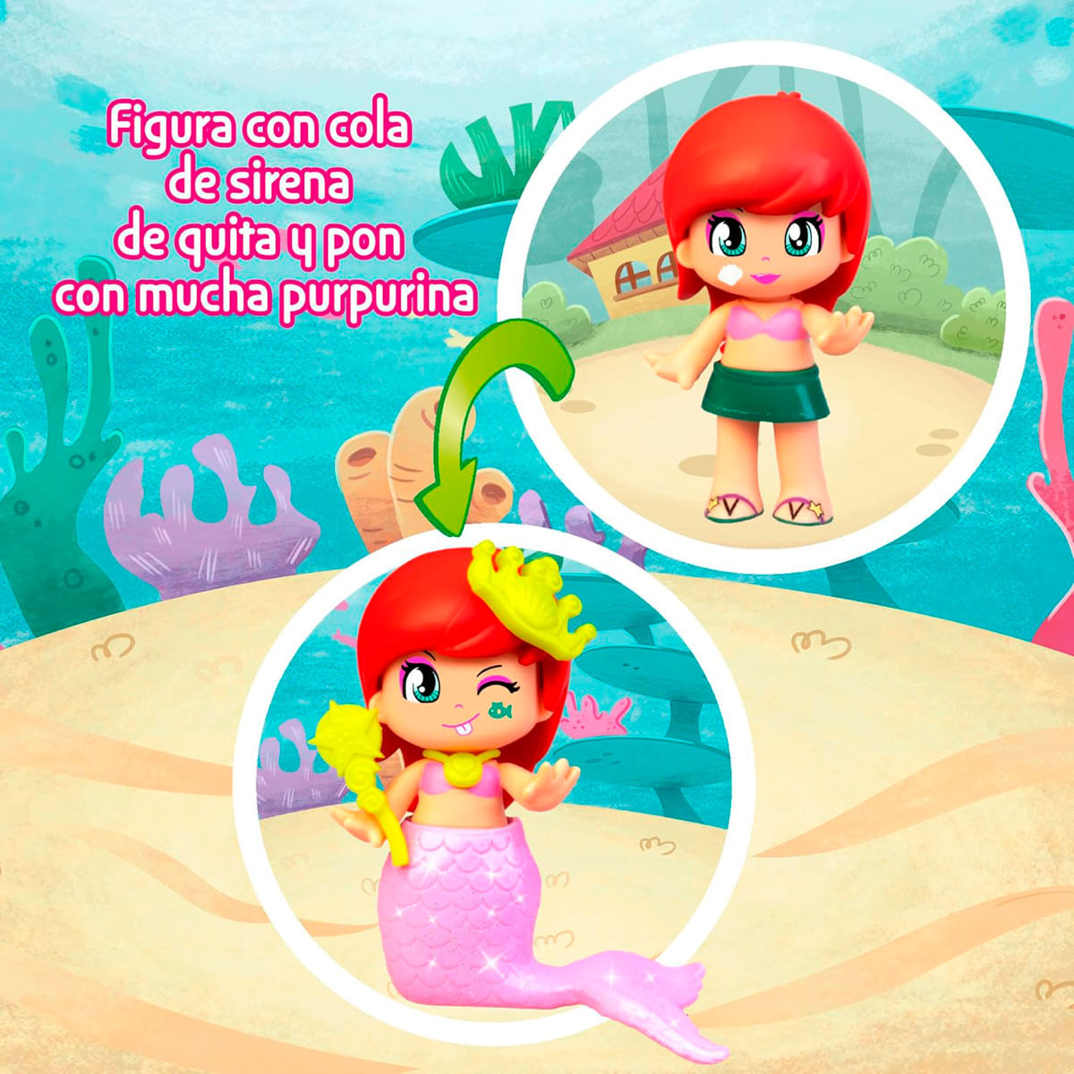 Una muñeca pelirroja puede ser una niña o una sirena. Tiene una cola desmontable. El fondo presenta elementos marinos y texto.