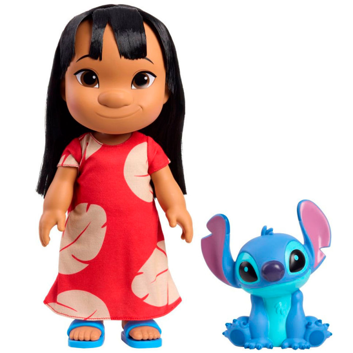 Una muñeca Lilo con un vestido rojo está junto a una figura azul de Stitch. Ambos son juguetes. El fondo es blanco.