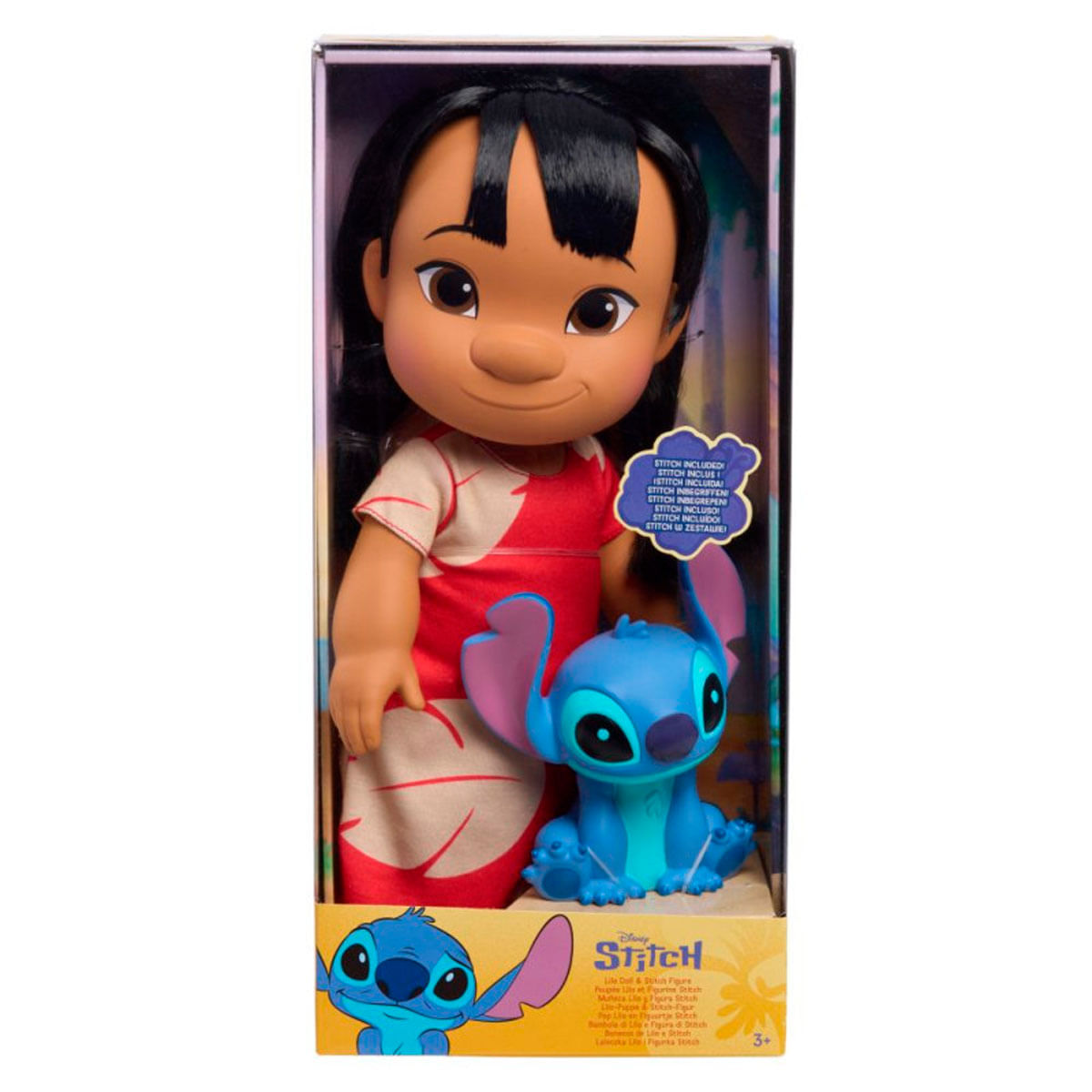 Muñecas de Lilo y Stitch en una caja. Lilo lleva un vestido rojo. Stitch es azul. La caja tiene el logotipo de Disney Stitch.
