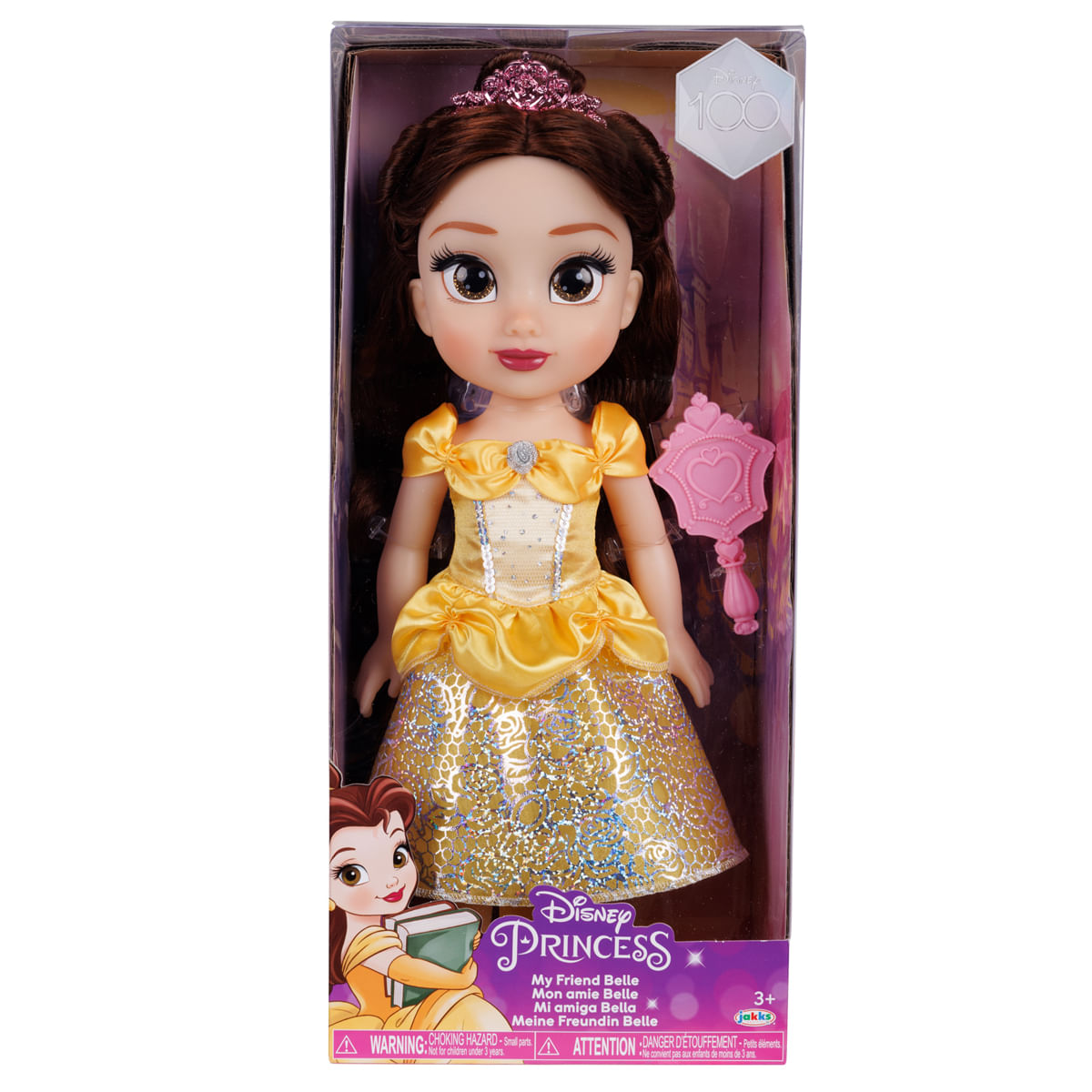 Una muñeca de Bella en una caja, con un vestido amarillo y una tiara. La caja tiene la marca Disney Princess.
