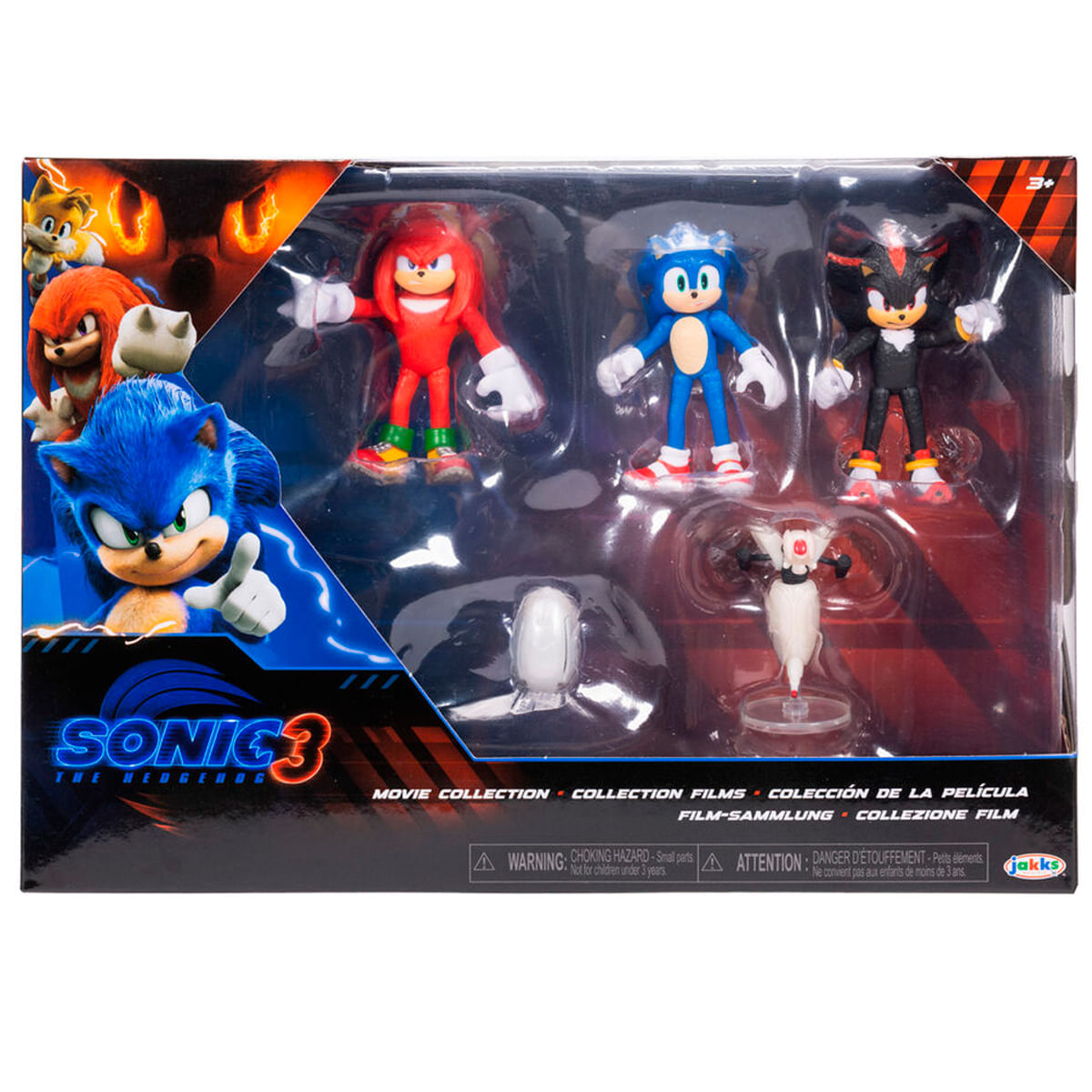 Un juego de colección de películas de Sonic 3. Figuras de Sonic, Knuckles, Shadow y otros en una vitrina de plástico.
