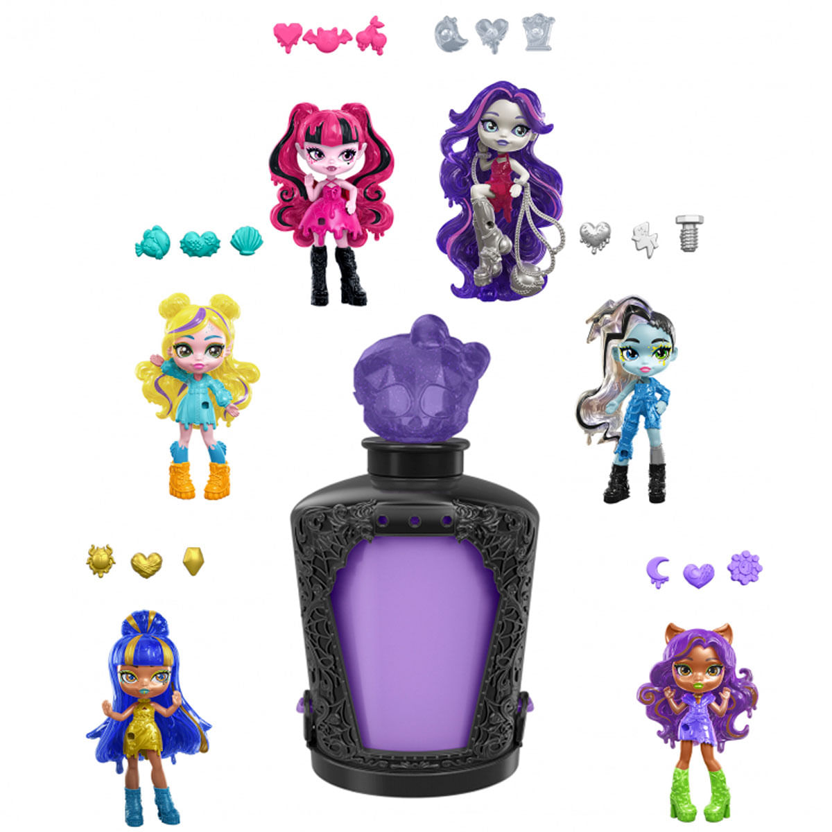 Varias muñecas y accesorios de Monster High se muestran alrededor de una botella de poción púrpura, todo sobre un fondo blanco.
