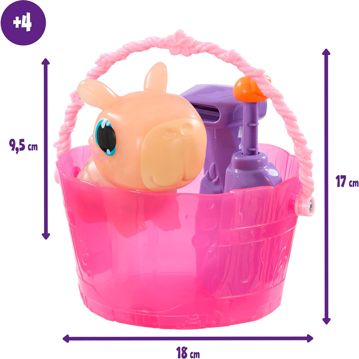 Juguete de cubo rosa con una figura de caballo, un pulverizador morado y un asa rosa. Las dimensiones se muestran en cm.