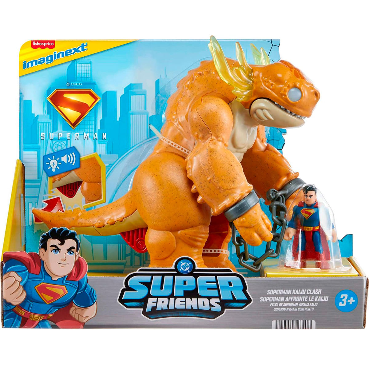 Un juego de juguetes de Superman. Presenta un gran monstruo naranja, una pequeña figura de Superman y un telón de fondo con edificios de la ciudad.