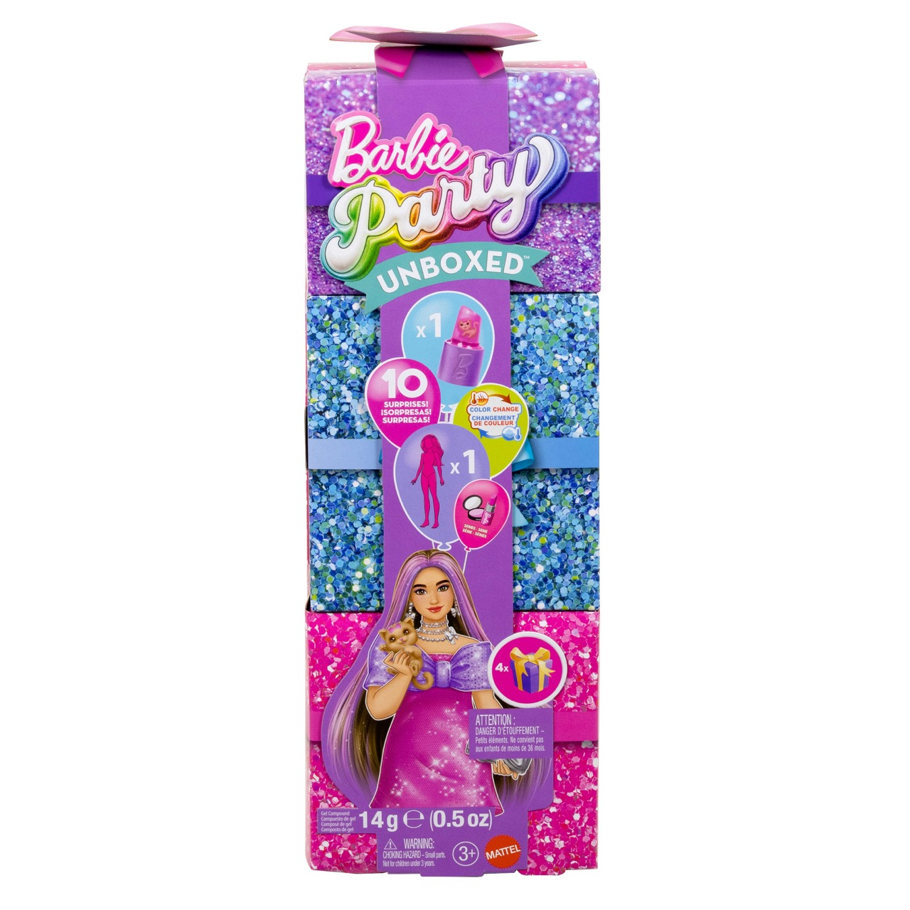 Caja Barbie Party Unboxed con ilustración de muñeca, purpurina y texto sobre sorpresas y funciones de cambio de color.