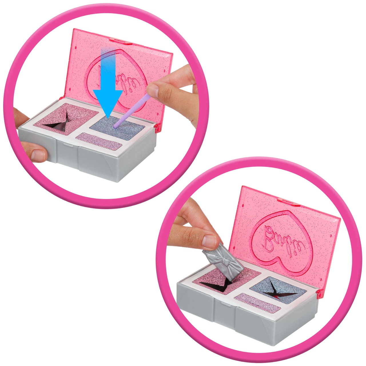 Se muestra un set de sombras de ojos Barbie rosa abierto. Una mano usa una herramienta para aplicar la sombra de ojos. La tapa tiene un corazón y brillantina.