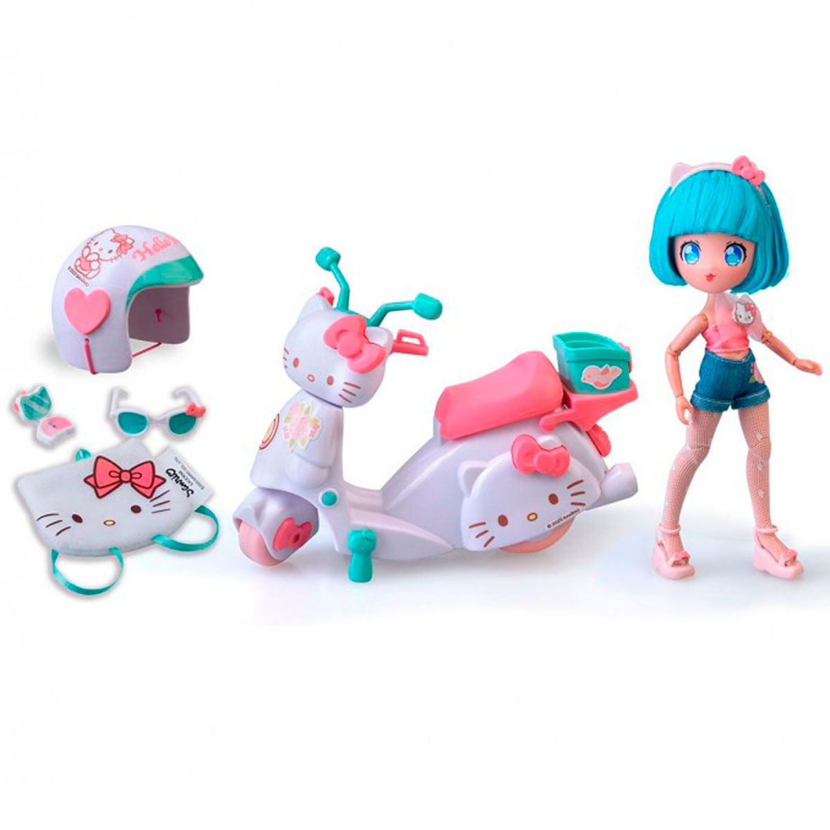 Un juego de juguetes de Hello Kitty con muñeca, scooter, casco, mascarilla y gafas de sol. El scooter es rosa y blanco.