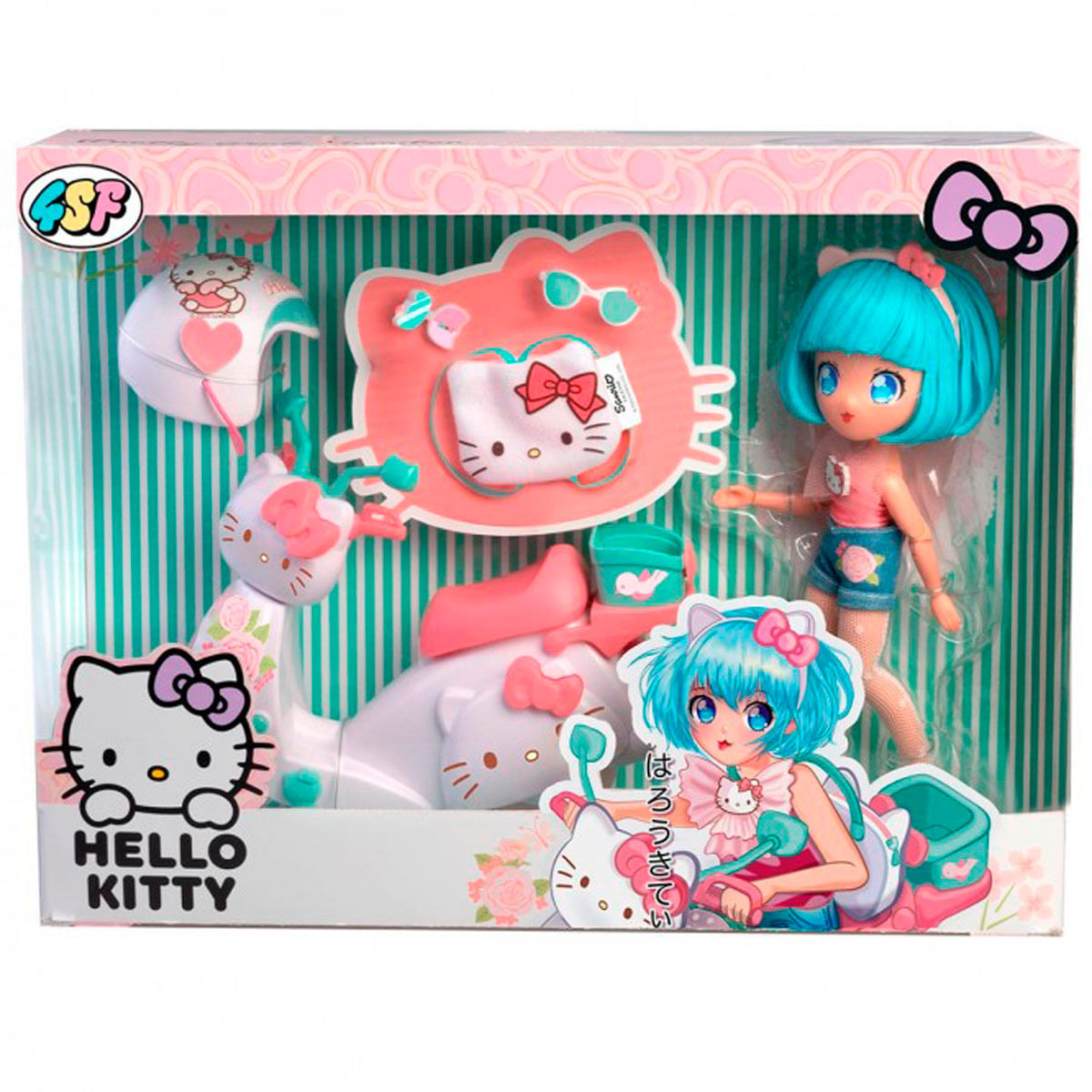 Un juego de juguetes de Hello Kitty. Incluye una muñeca con pelo azul, un scooter de Hello Kitty y un casco, todo en una caja rosa.