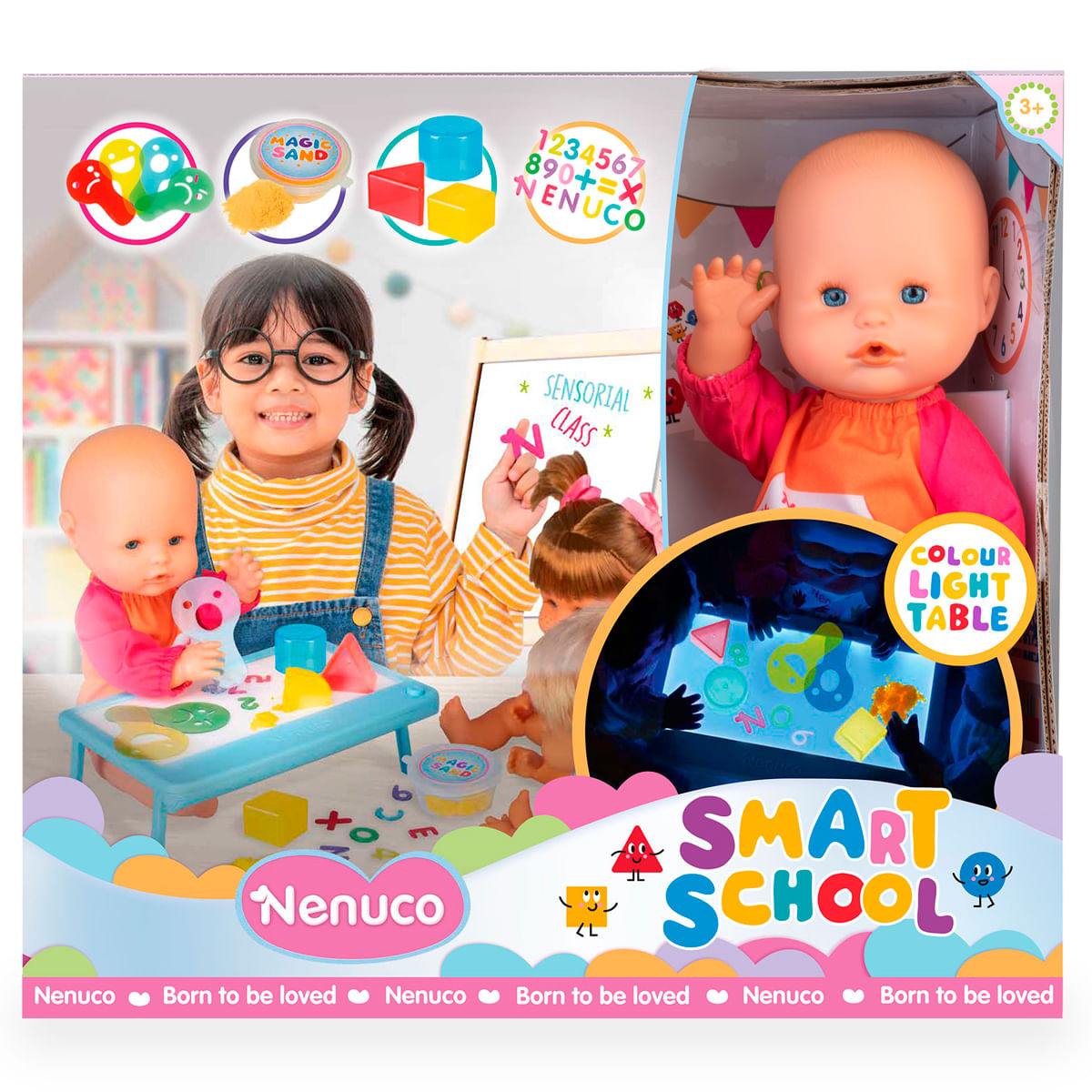 Una caja con un bebé, juguetes y una niña jugando. La caja dice 'Smart School' y 'Nenuco'.