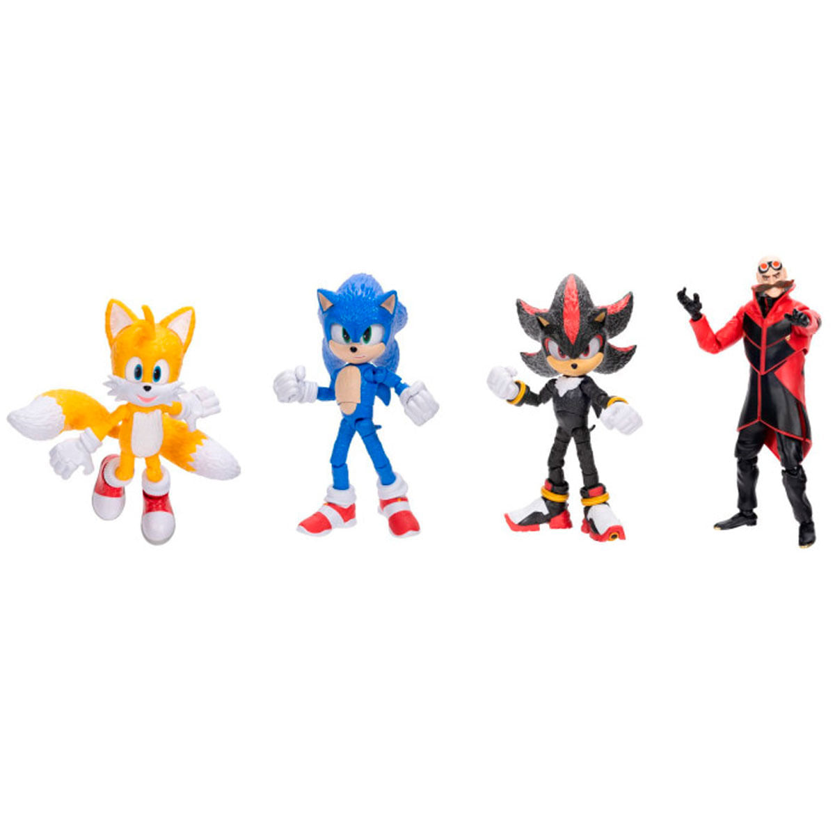 Cuatro figuras de Sonic the Hedgehog. Tails, Sonic, Shadow y Dr. Eggman sobre un fondo blanco.