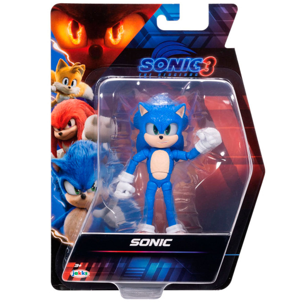 Figura de acción de Sonic the Hedgehog en un paquete de plástico. Otros personajes son visibles en el paquete. Sonic es azul, con guantes blancos.