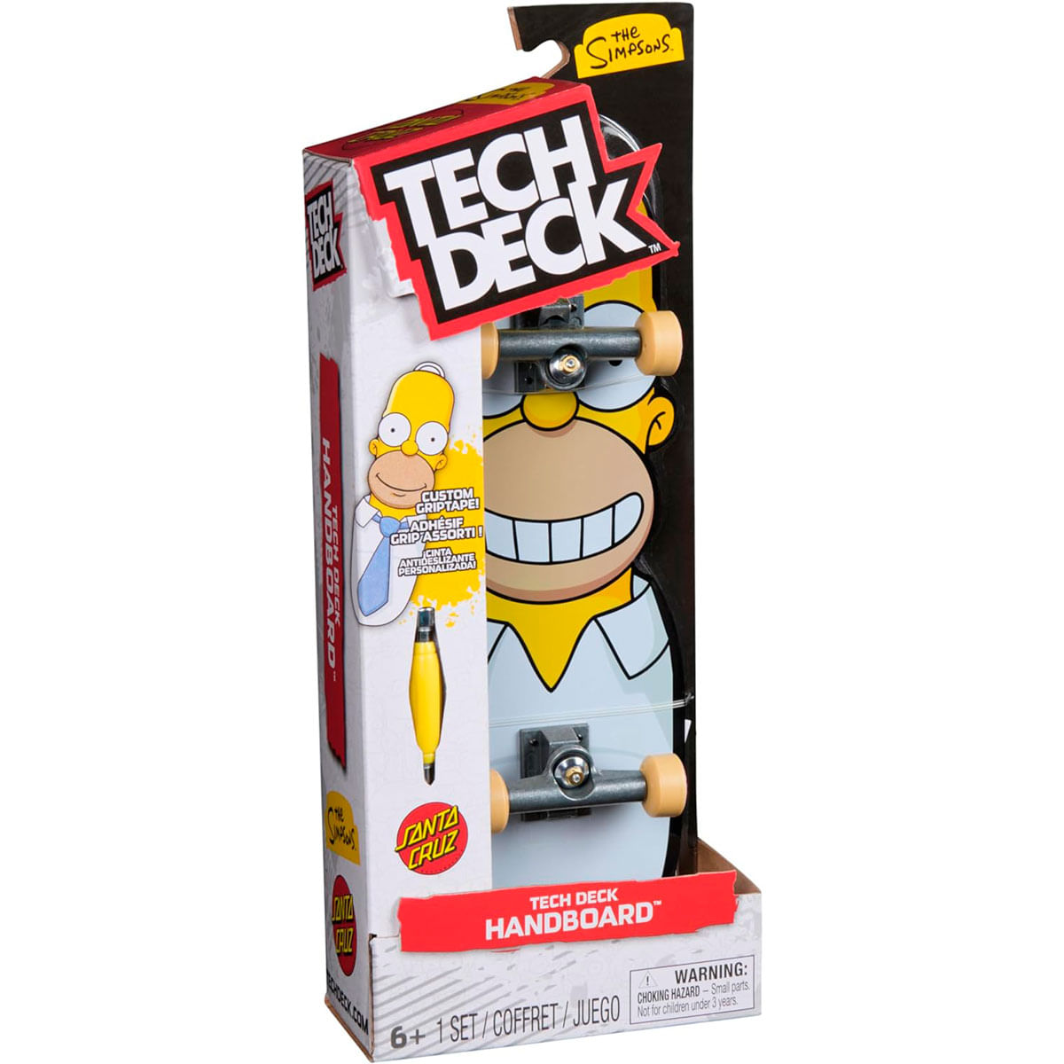 Un juguete de monopatín Tech Deck con Homer Simpson. El embalaje incluye texto e imágenes con una combinación de colores rojo y amarillo.