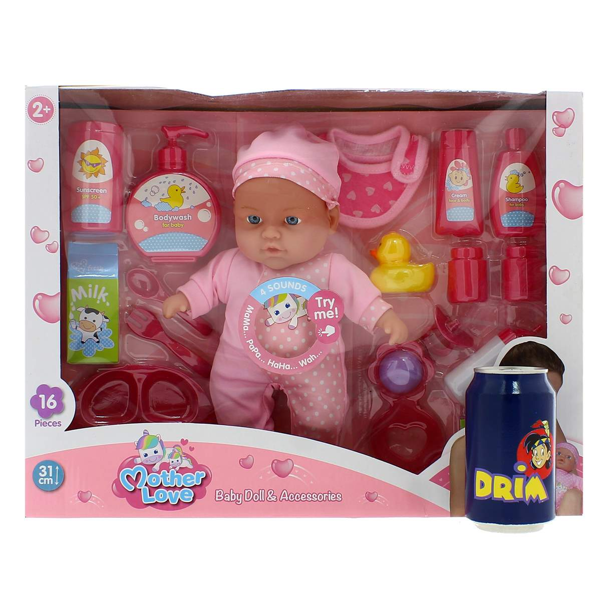 Un kit de muñeca y accesorios para bebé. Incluye una muñeca, biberones, un pato y otros artículos para el cuidado del bebé. El paquete es rosa.