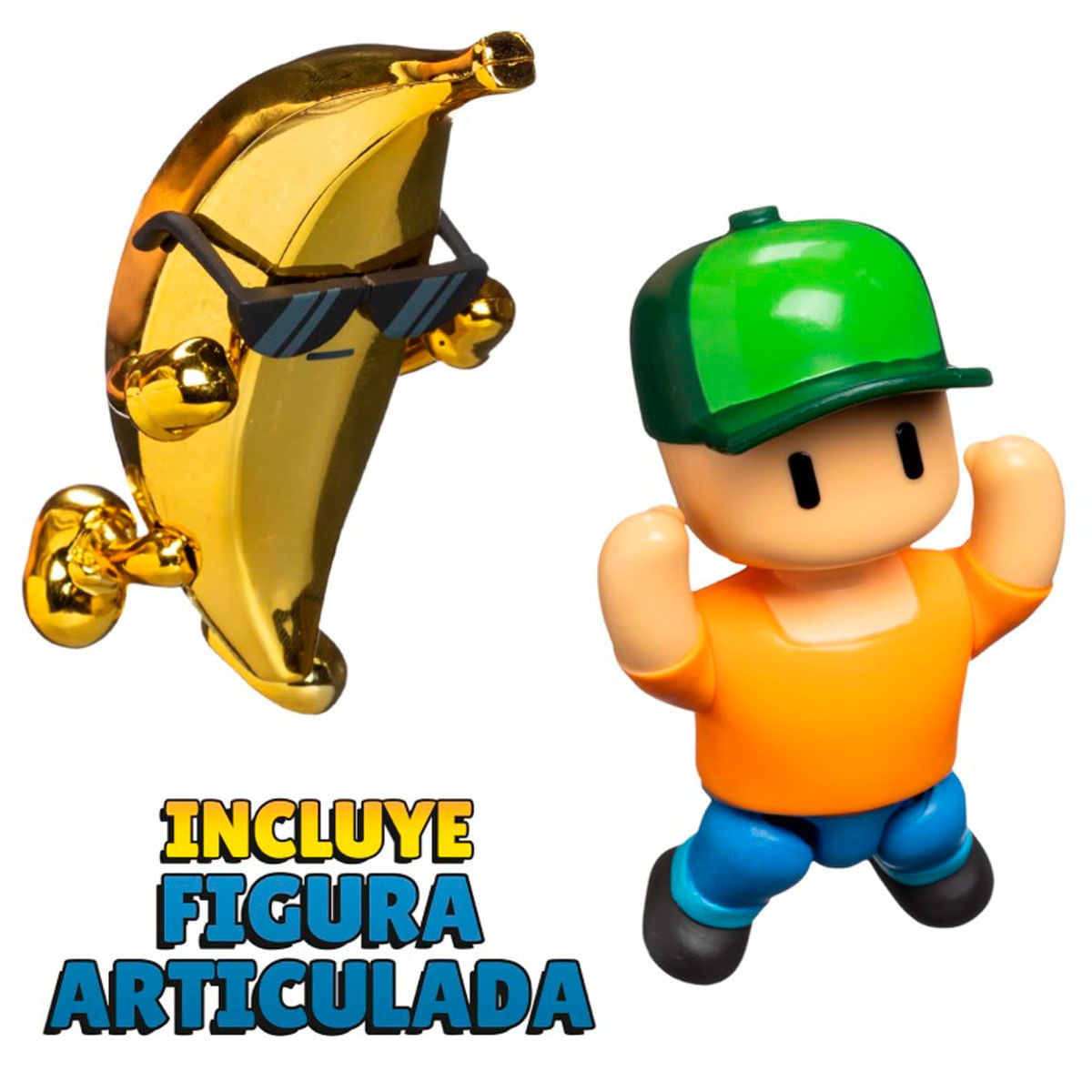 Un plátano dorado con gafas de sol y una figura con gorra verde y camisa naranja. Texto: 'INCLUYE FIGURA ARTICULADA'.